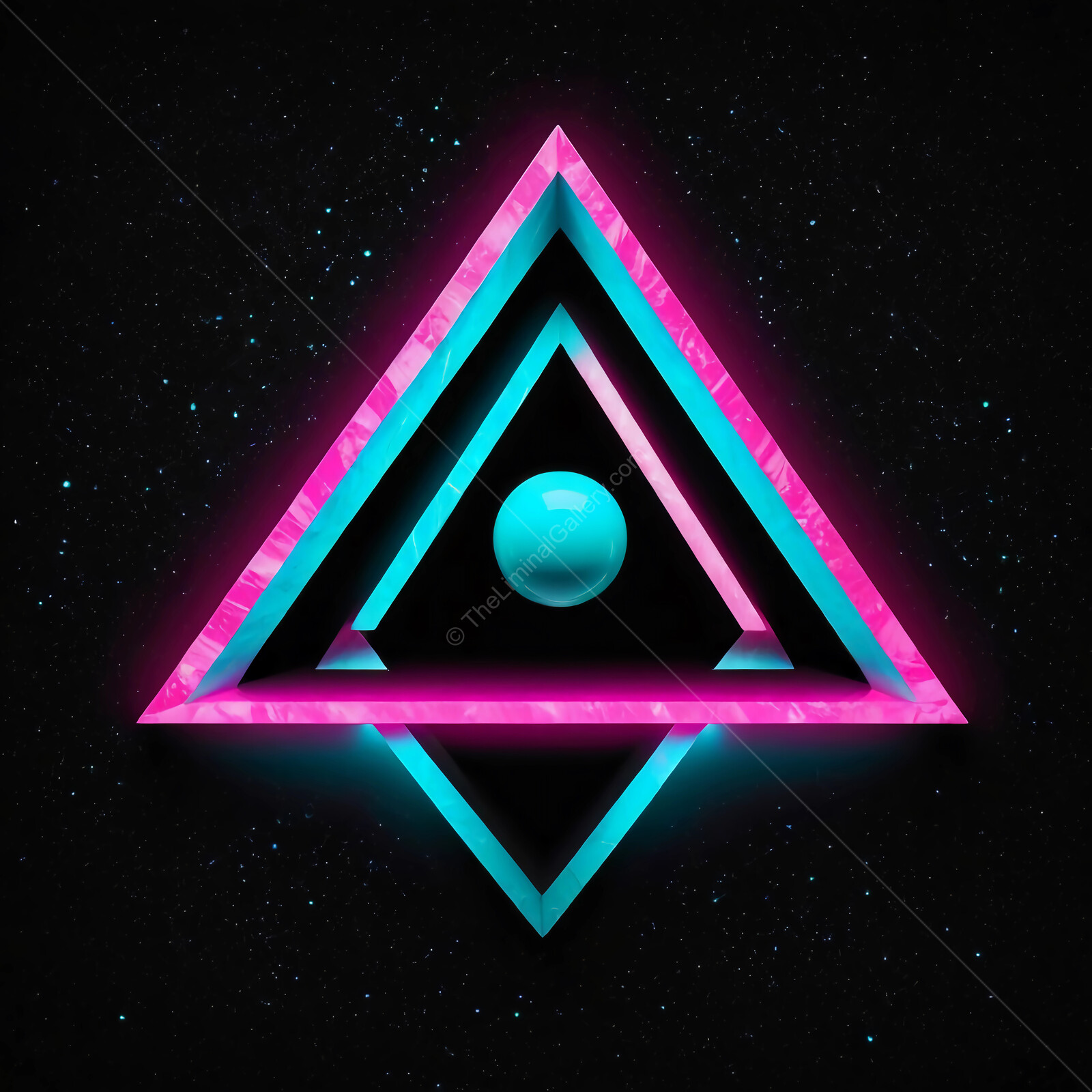 Vibrant synthwave geometric shapes illuminated in a cosmic realm