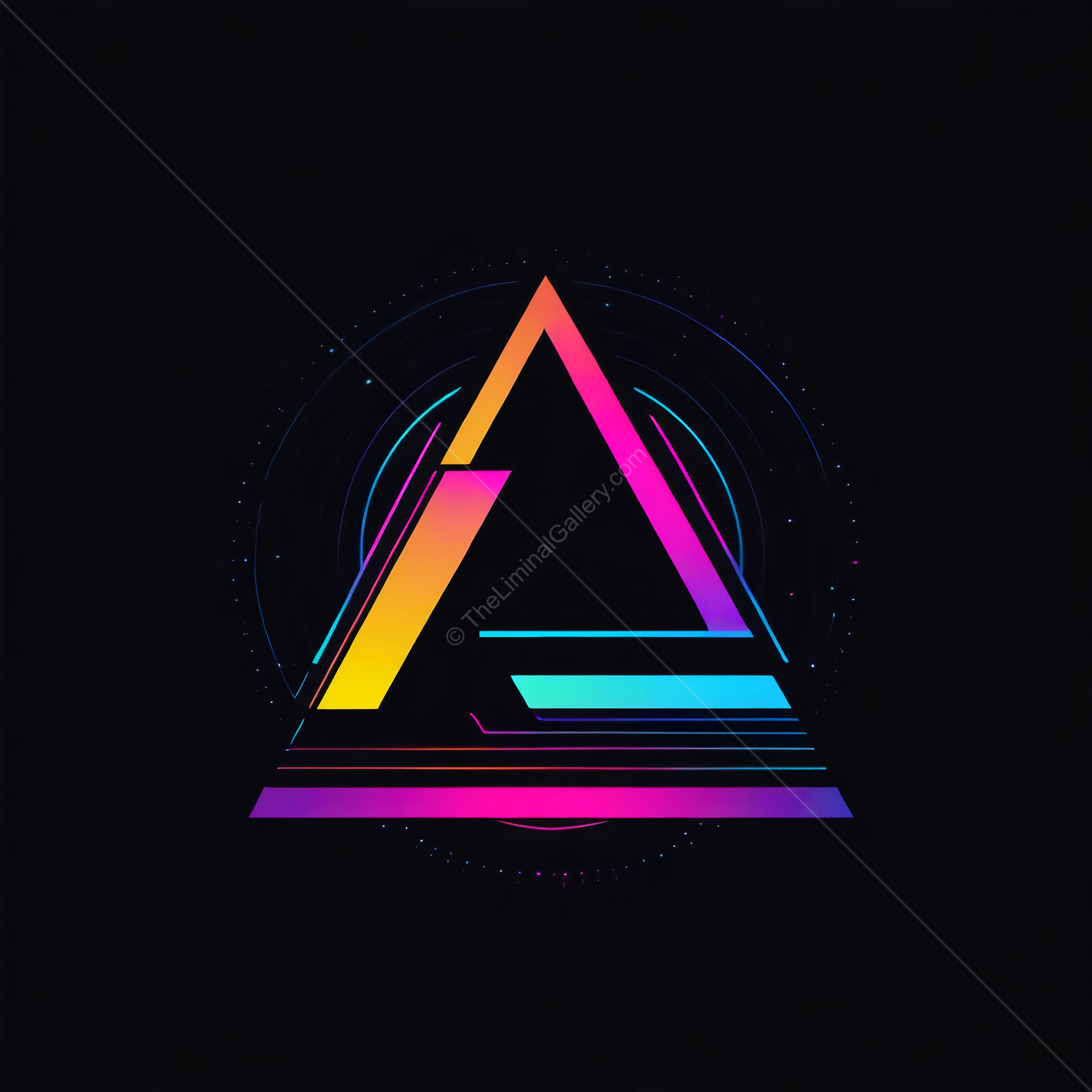 Vibrant 80s geometric design featuring a colorful triangular shape against a dark background