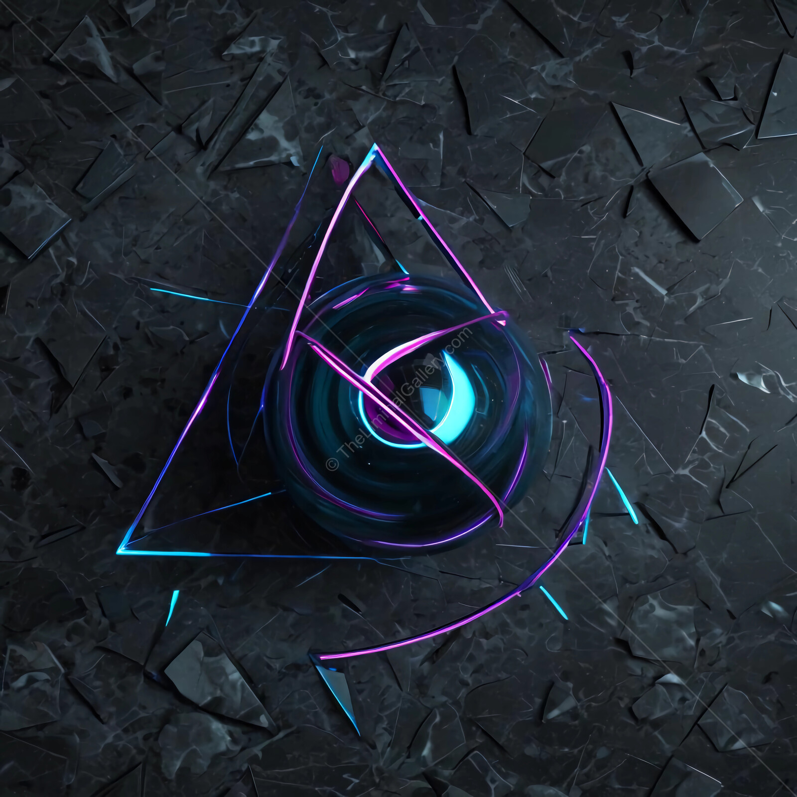 Vibrant synthwave geometric design with glowing elements on dark textured surface