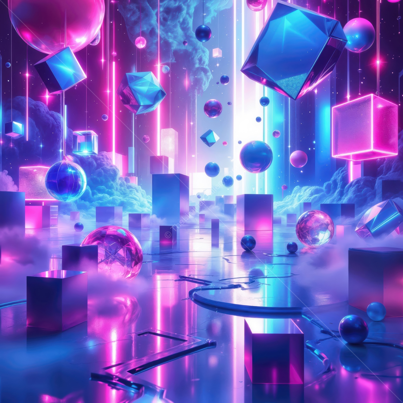Vibrant futuristic landscape featuring glowing geometric shapes and ethereal fog at night