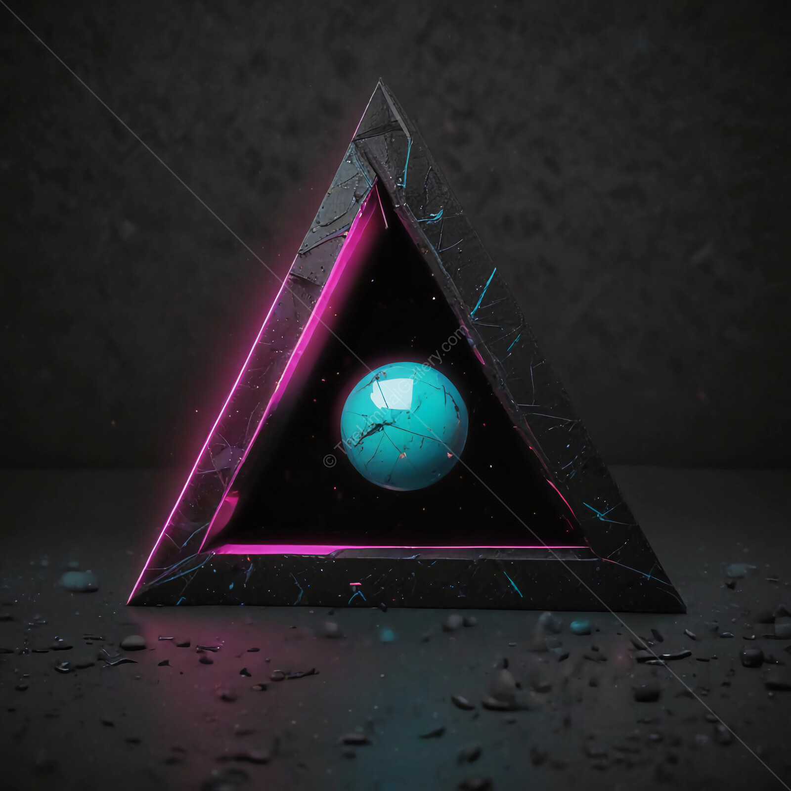 Intricate synthwave geometric design featuring a glowing sphere within a fractured triangle structure