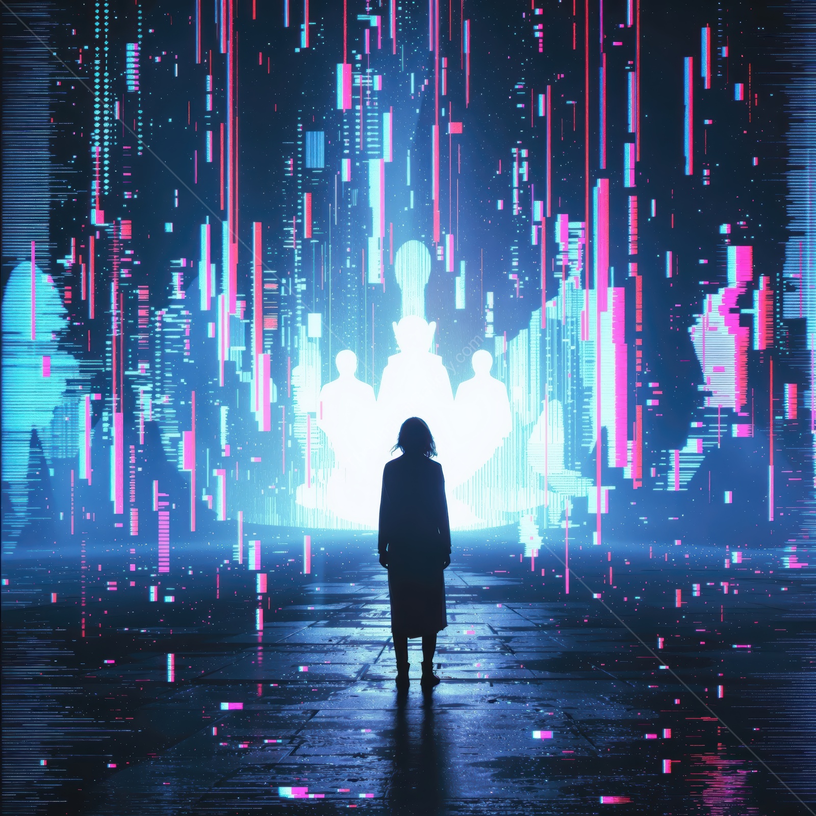 A figure stands before a large glowing installation in a vibrant cityscape, exploring the boundaries of art and technology during a night event