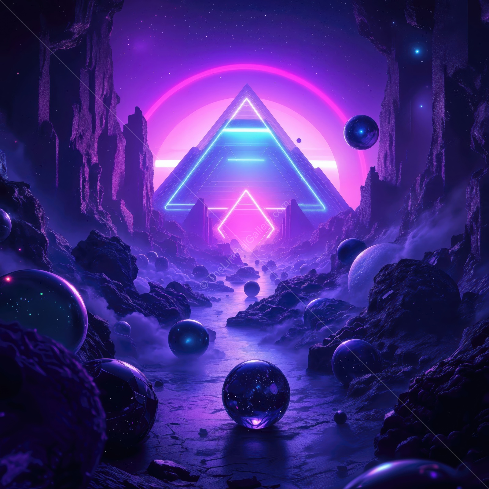Vibrant cosmic landscape with a glowing pyramid and ethereal orbs in a mystical valley at twilight