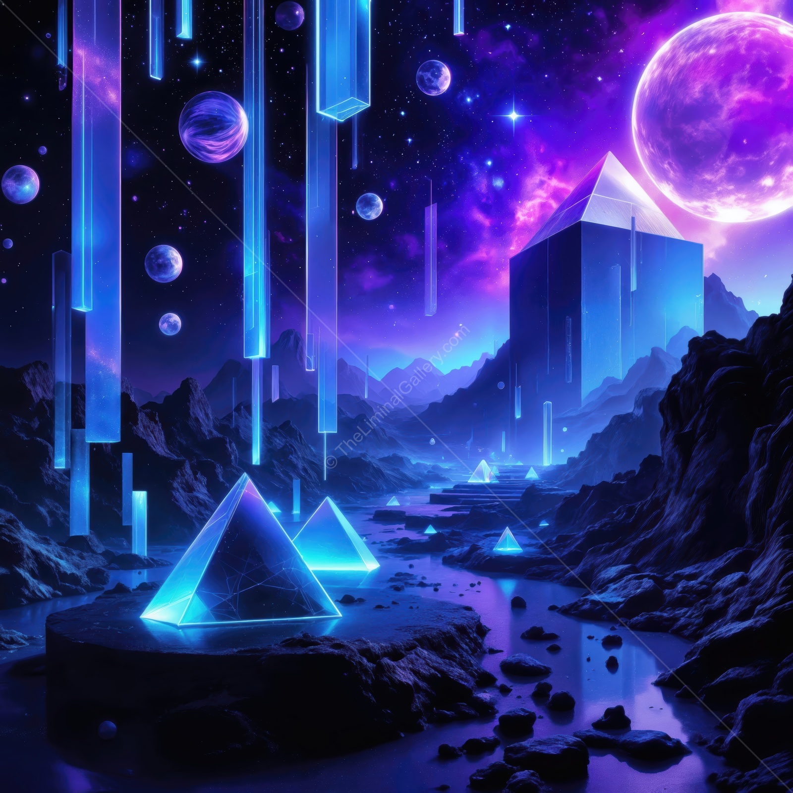 Glistening pyramids amidst cosmic wonders in an otherworldly landscape at twilight