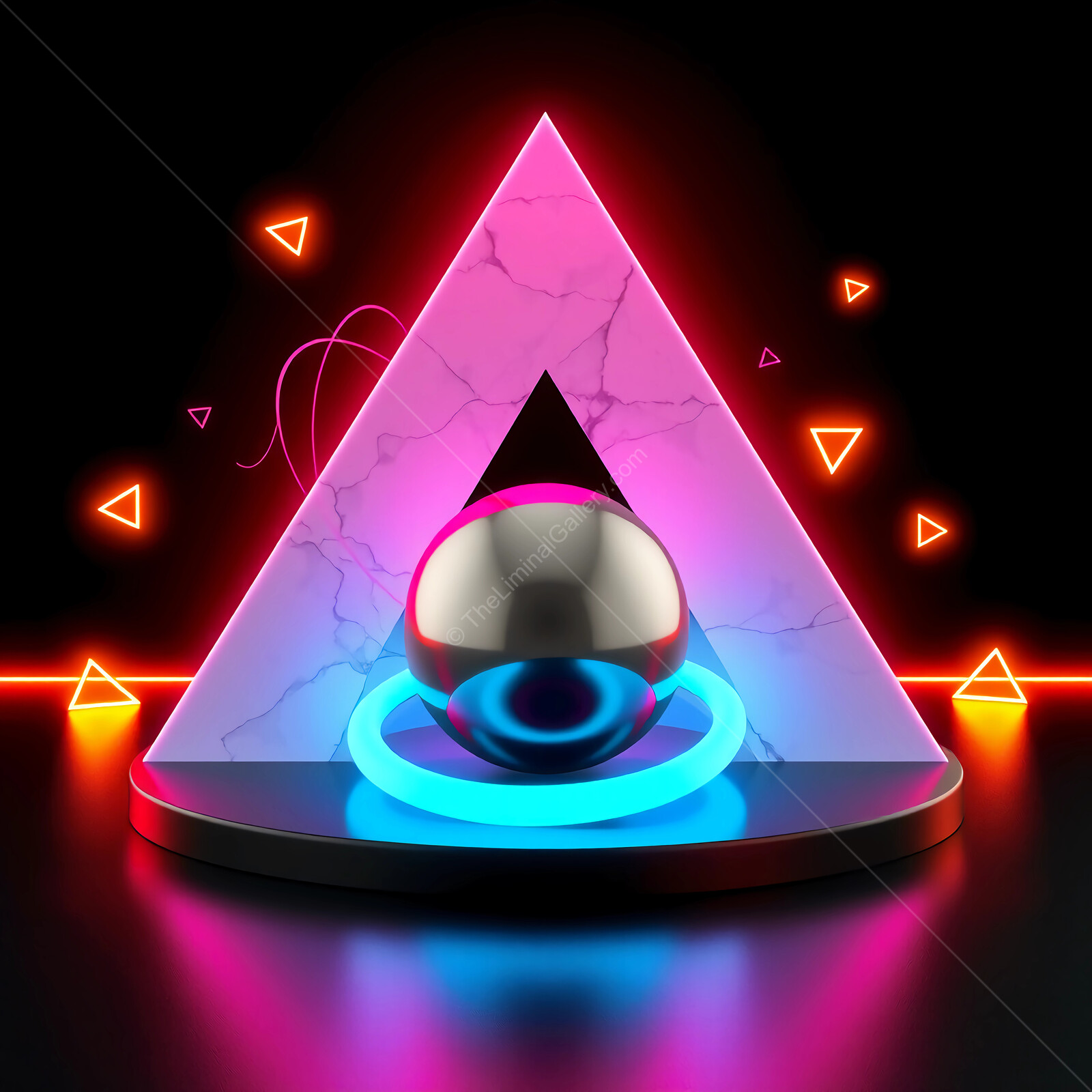 Vibrant synthwave geometric design featuring a metallic sphere and neon colored triangle