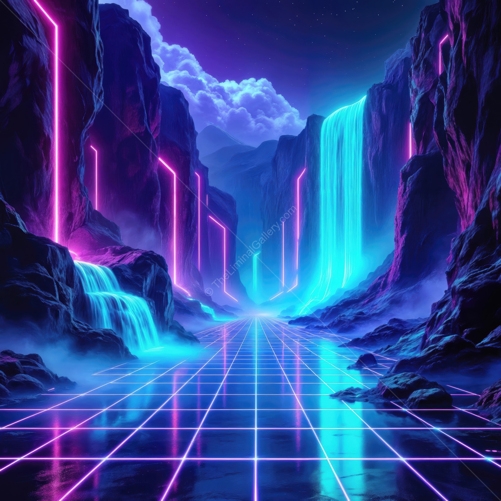 A futuristic landscape with glowing waterfalls and neon pathways beneath a starry sky