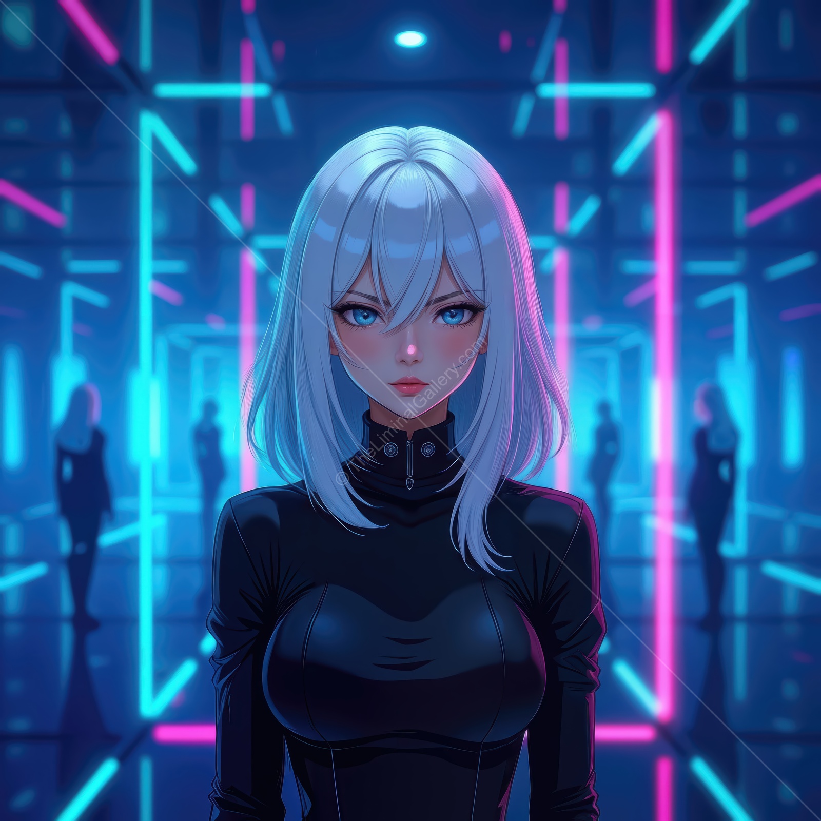 Mystical guardian amid glowing neon lights in a futuristic corridor