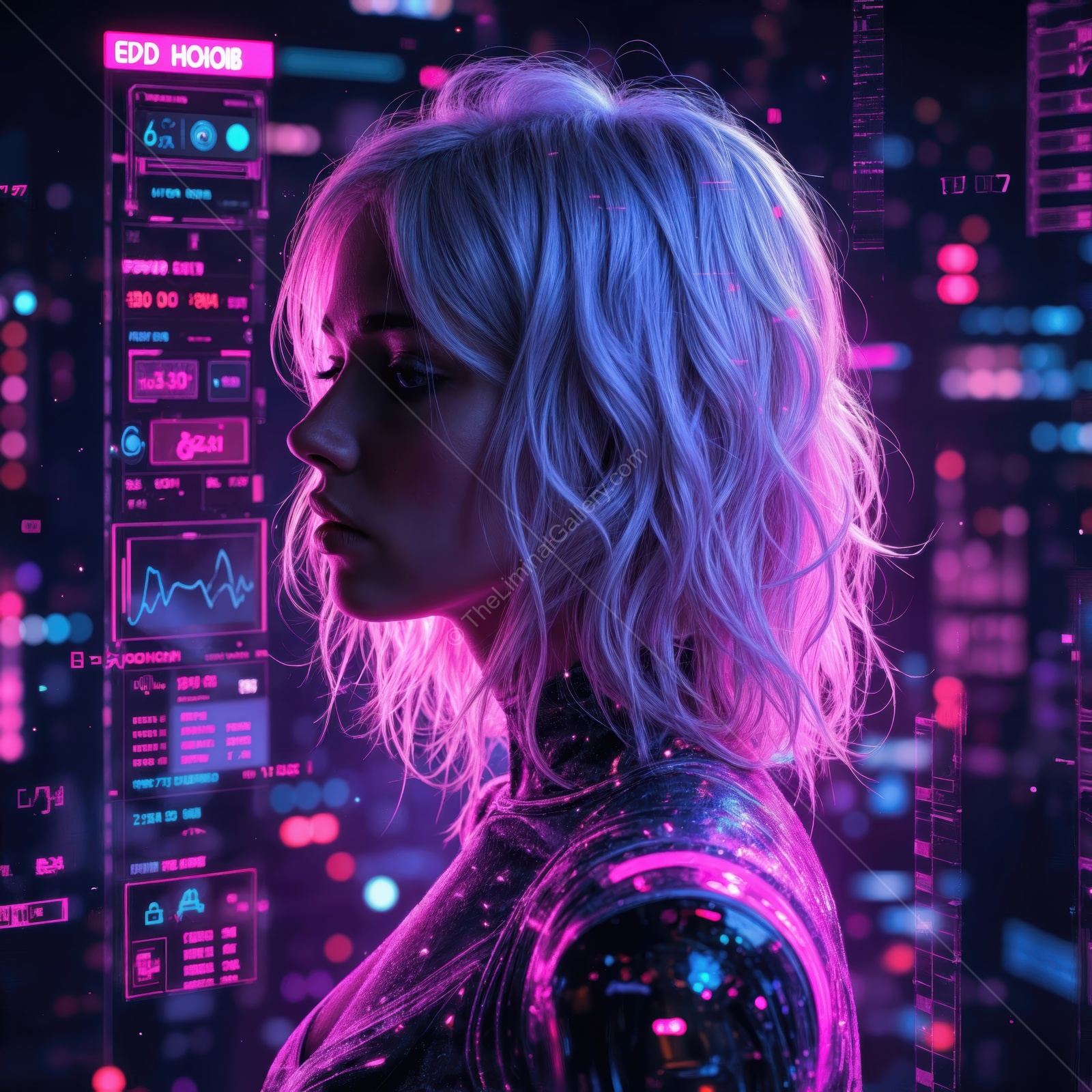 Futuristic woman immersed in holographic data in a neon-lit digital landscape at night