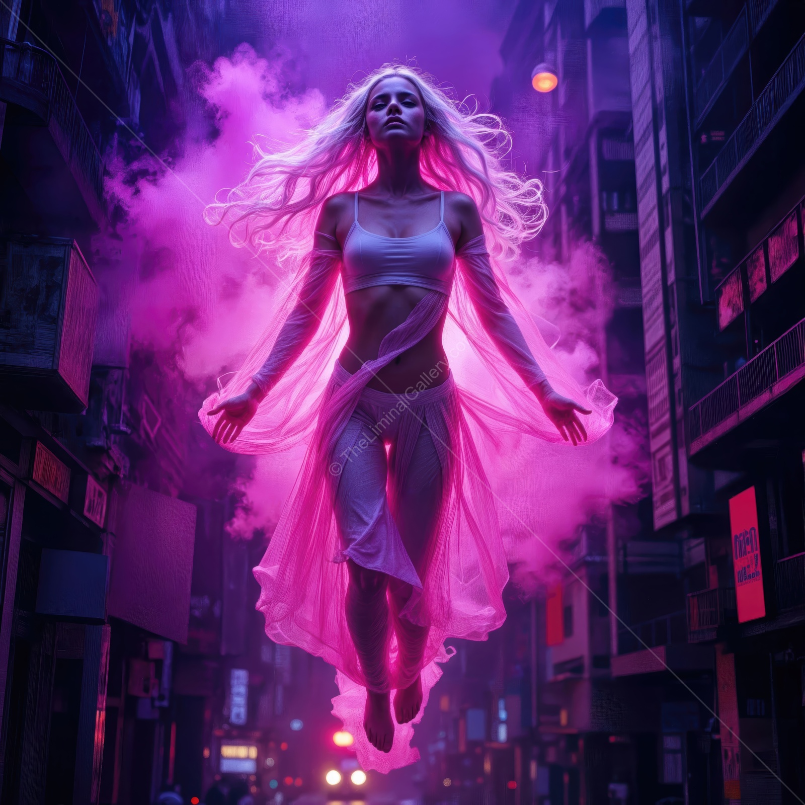 Floating in a neon dream, a figure glows amidst swirling pink mist on a city street at night