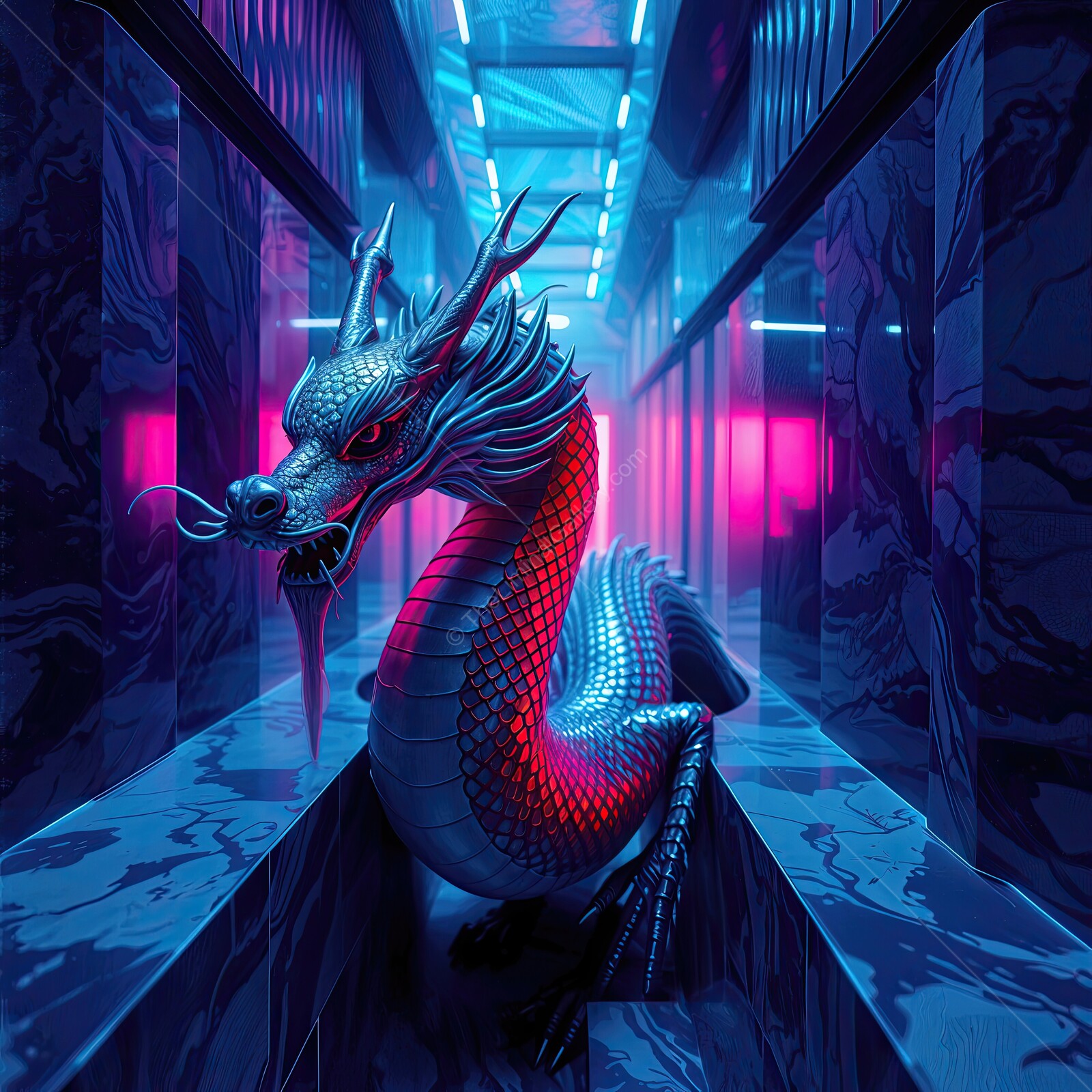 Immersive neon dragon in futuristic corridor captivates with vibrant colors and mythical presence