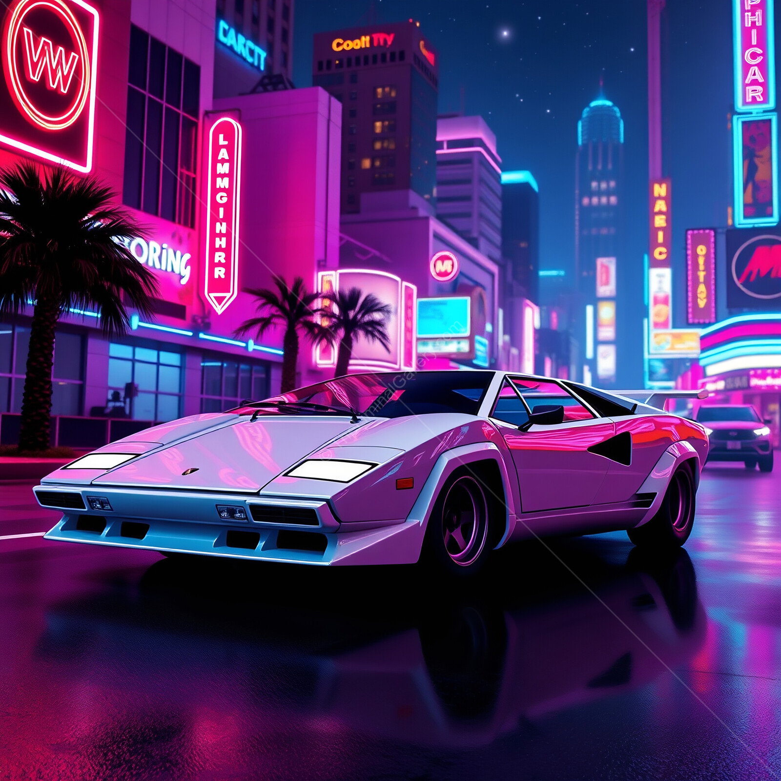 Neon lights illuminate a Lamborghini Countach cruising through a vibrant city at night
