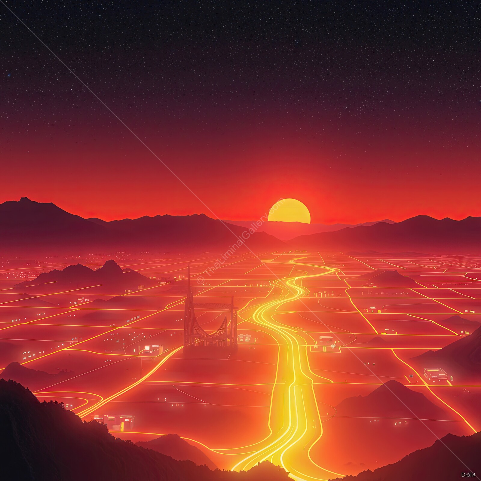 Vibrant sunset over a lava-filled landscape showcasing glowing pathways and distant mountains