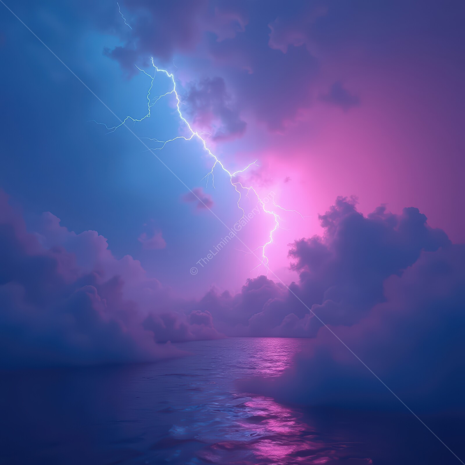 Vibrant lightning illuminates tranquil ocean waters under a colorful twilight sky