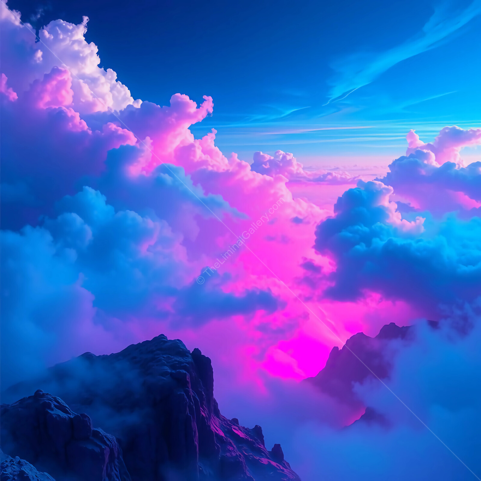Liminal majestic clouds illuminated by vibrant hues at dusk over rugged mountain peaks