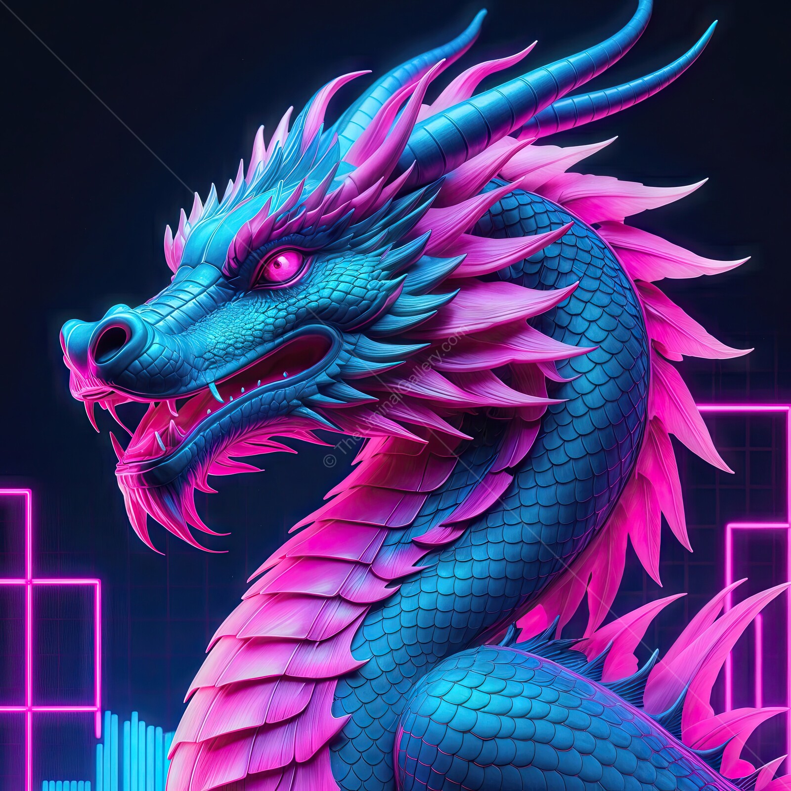 Majestic cyber dragon illuminated in vibrant neon colors with intricate scale details