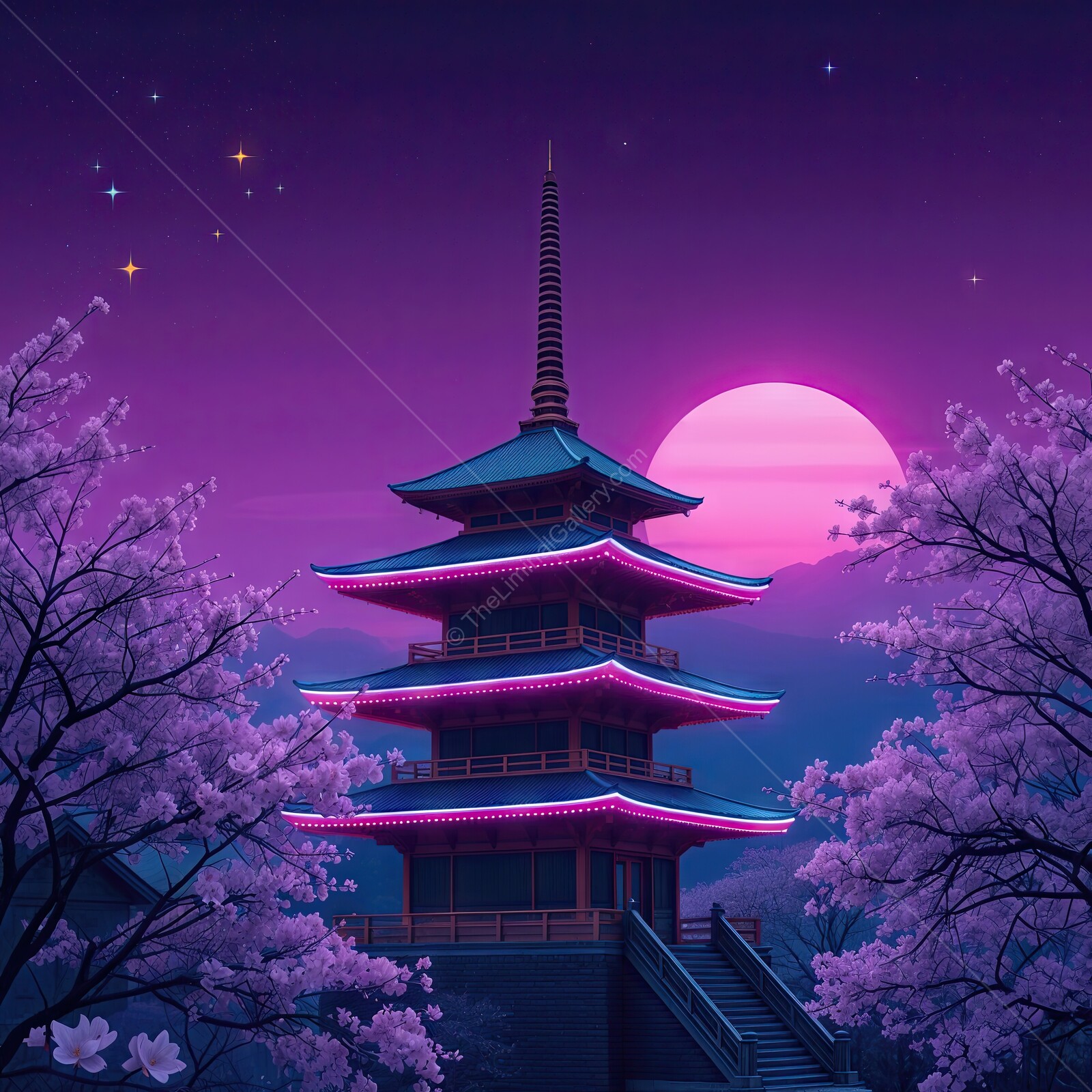 Majestic pagoda under a radiant moonlight with cherry blossoms at twilight
