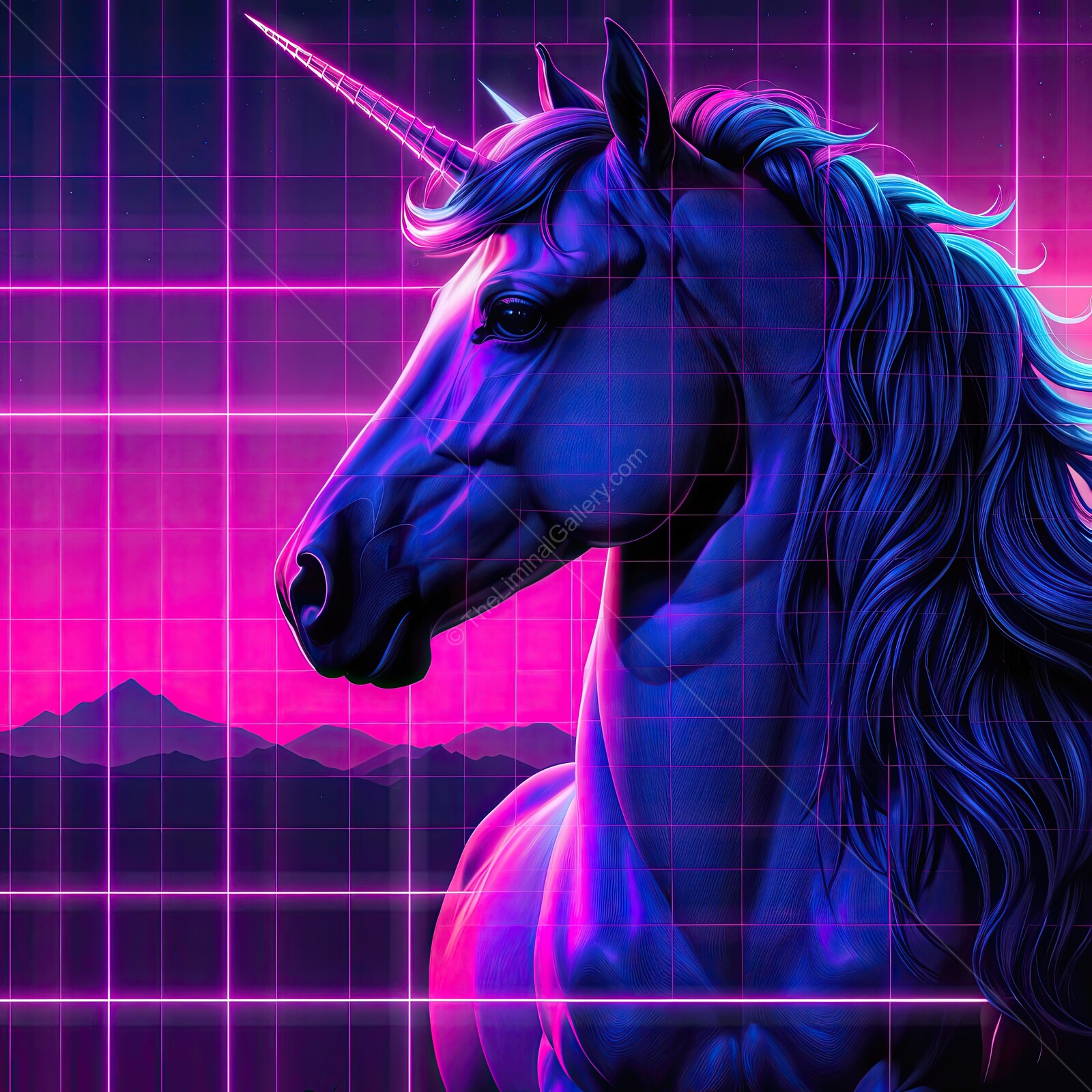 Majestic synthwave unicorn illuminated by neon colors against a retro landscape at twilight