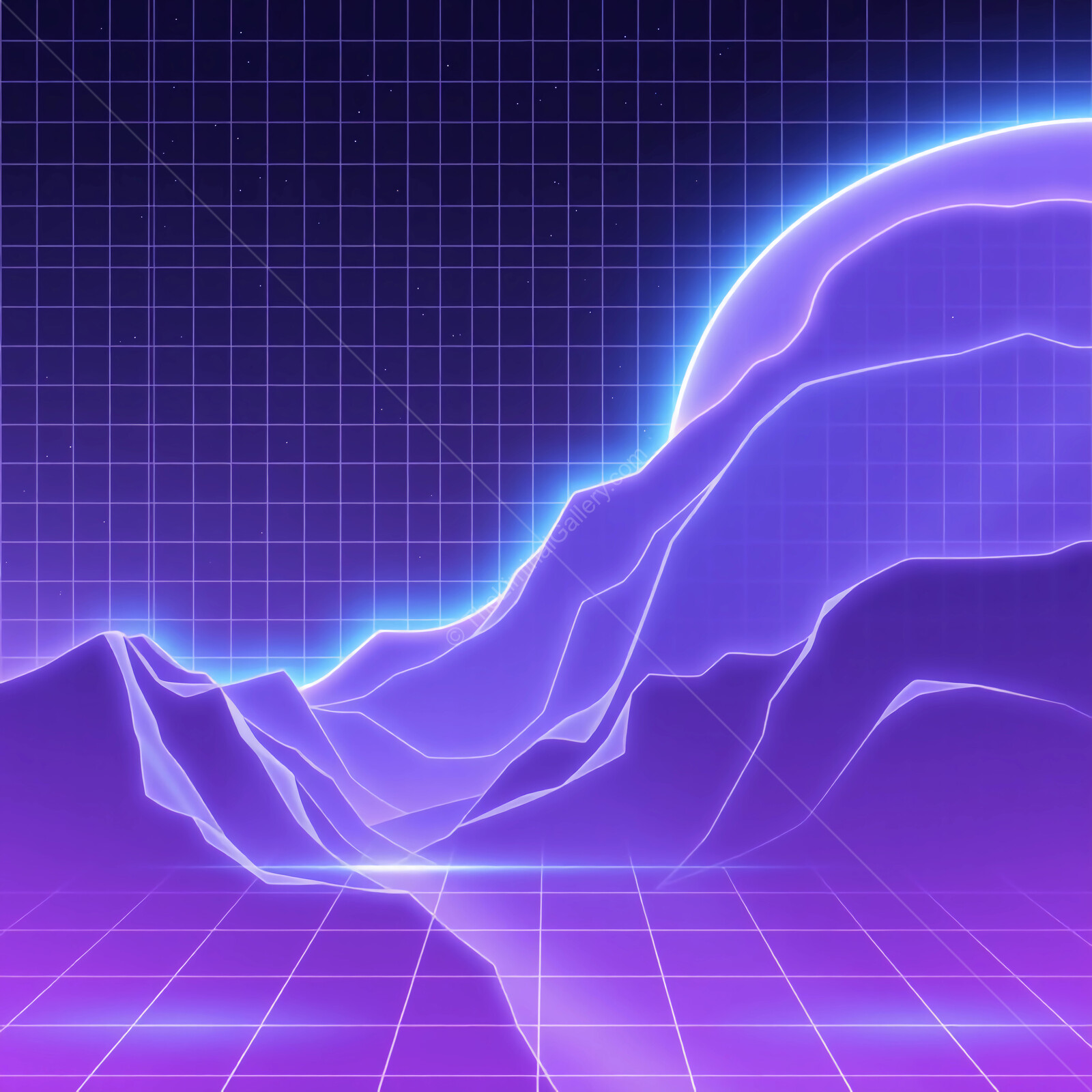 Minimalistic digital landscape featuring neon mountains under a starry sky