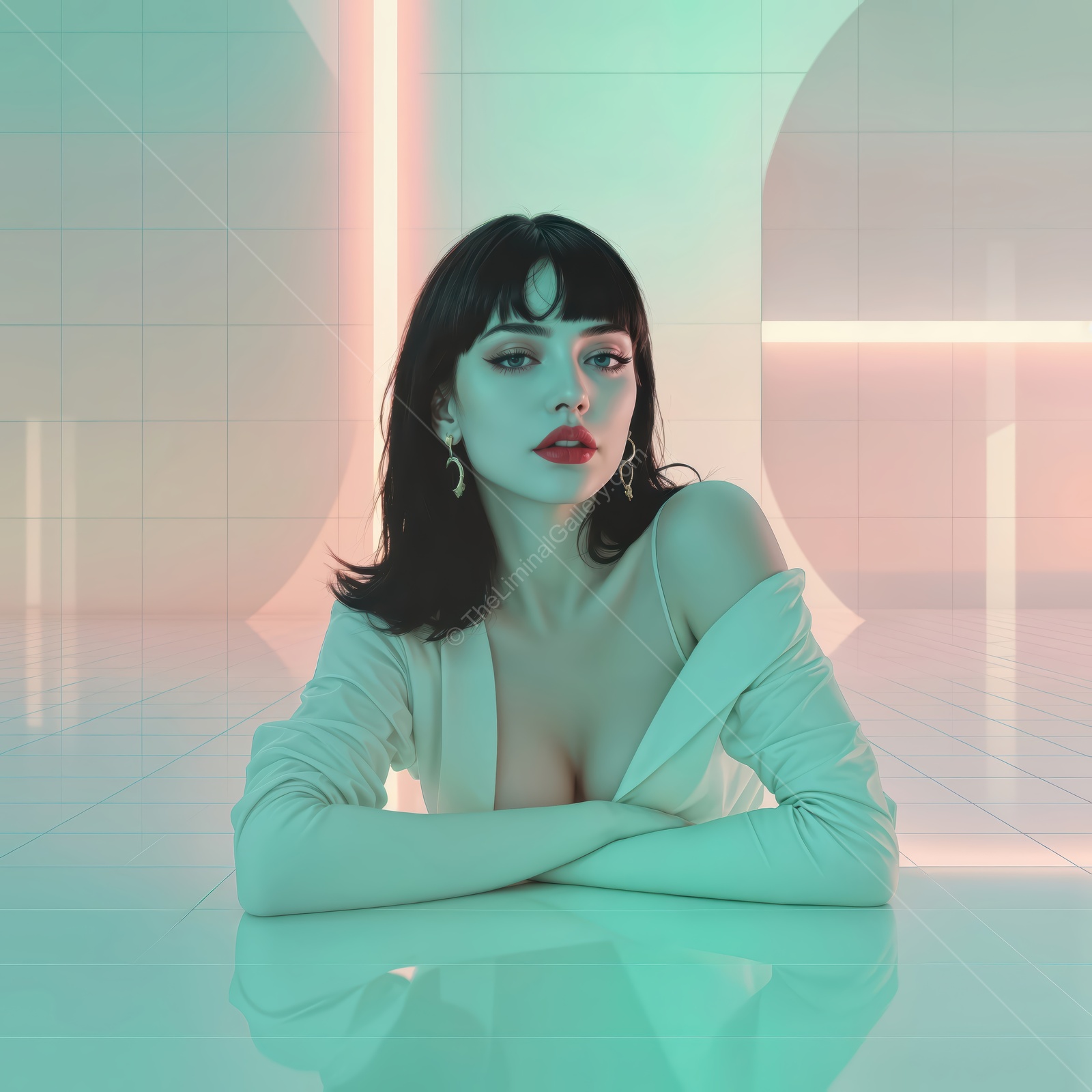 Striking model in modern interior bathed in soft neon light presents an artistic blend of fashion and technology at dusk