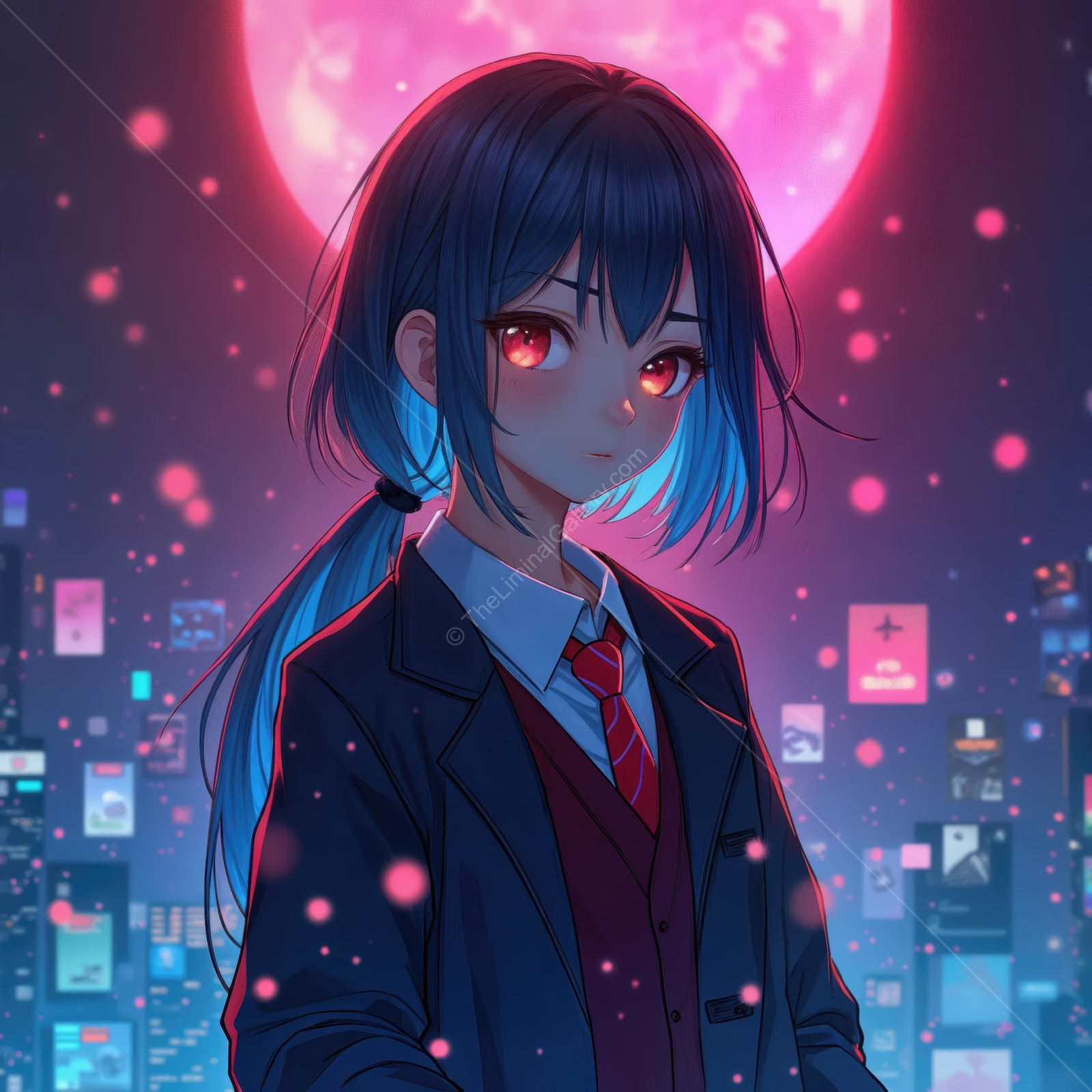 Character stands confidently in a city illuminated by a glowing full moon at night