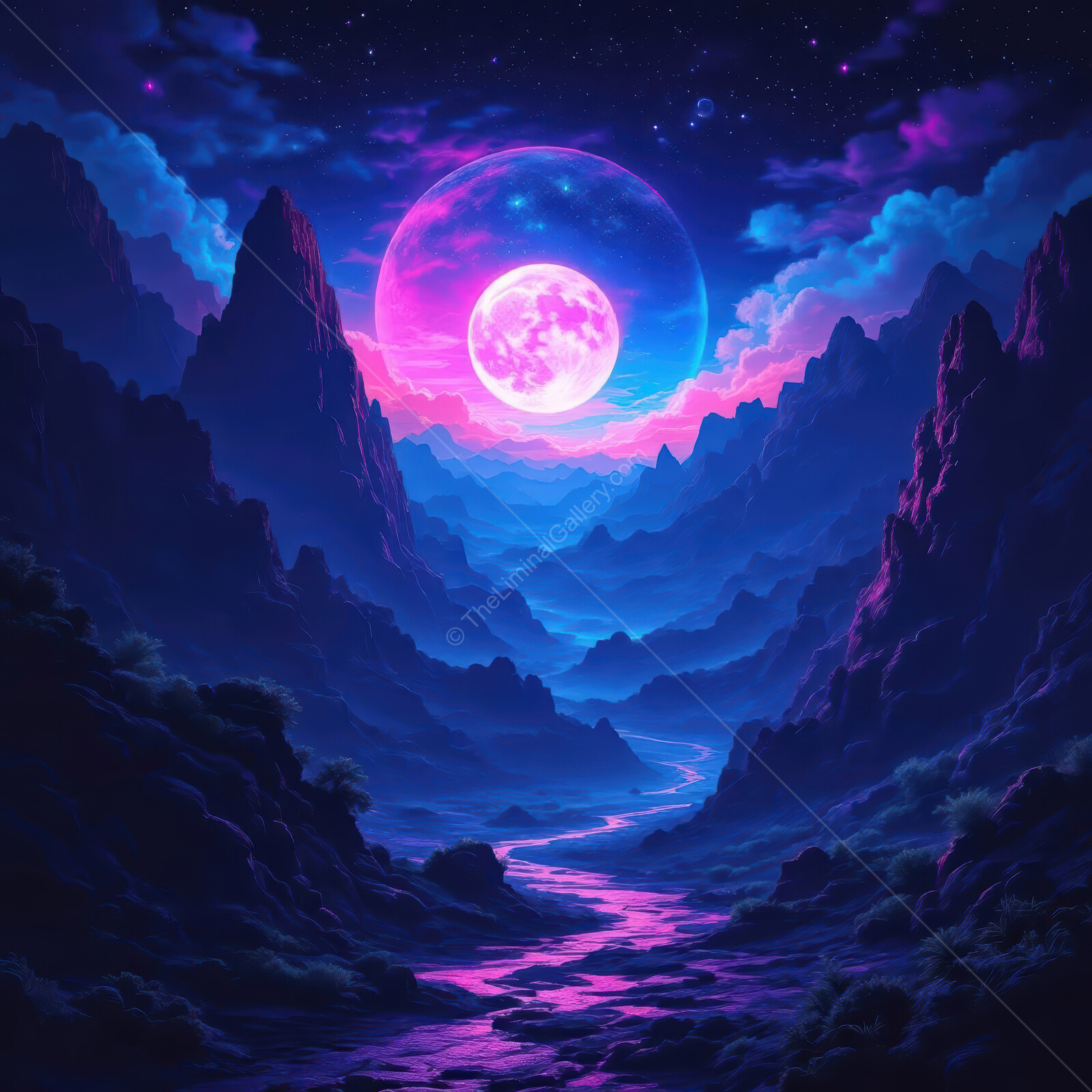 Majestic mountains illuminated by a vibrant moon in a surreal landscape at night