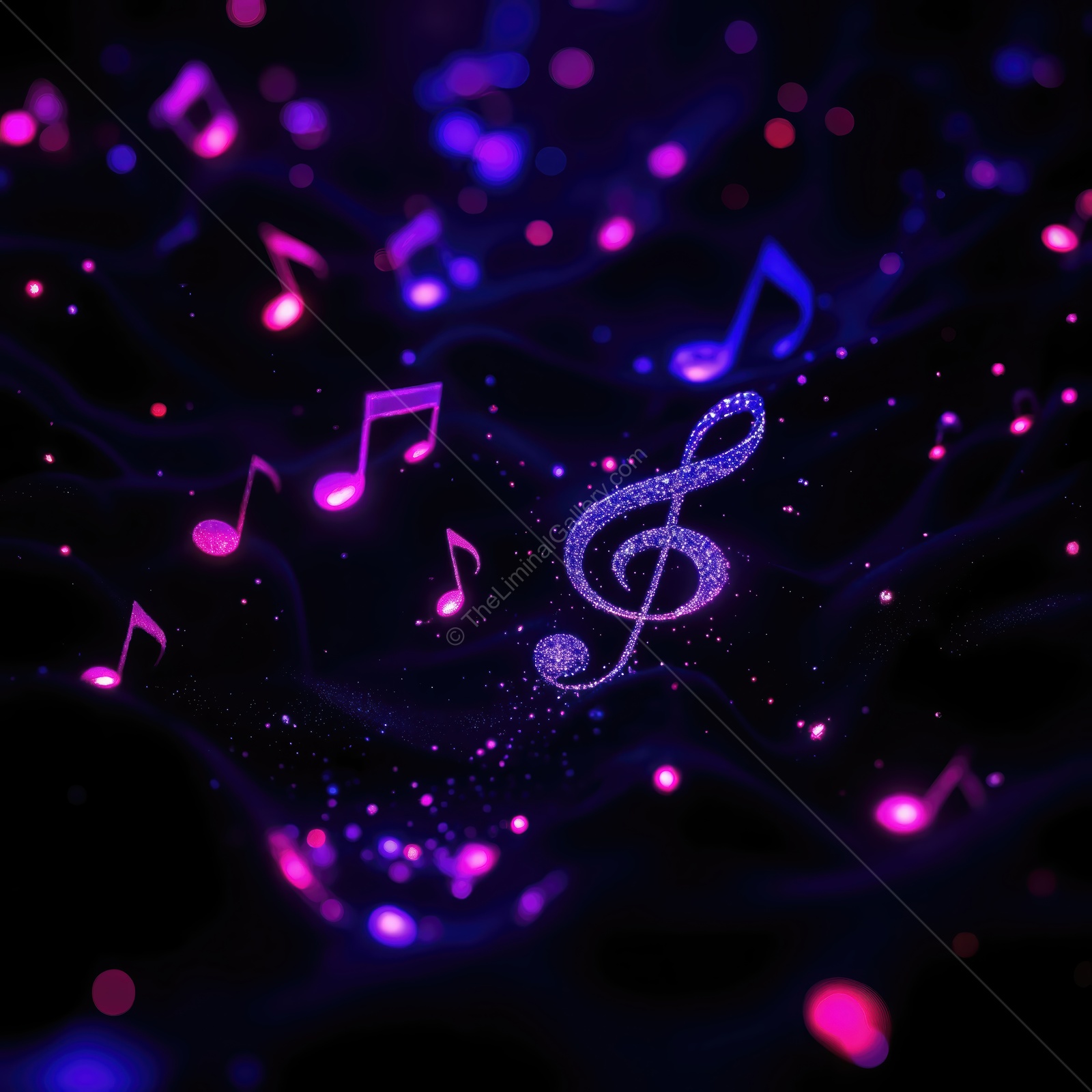 Vibrant music notes dance in a cosmic swirl of colors and light, creating an enchanting scene of harmony and rhythm