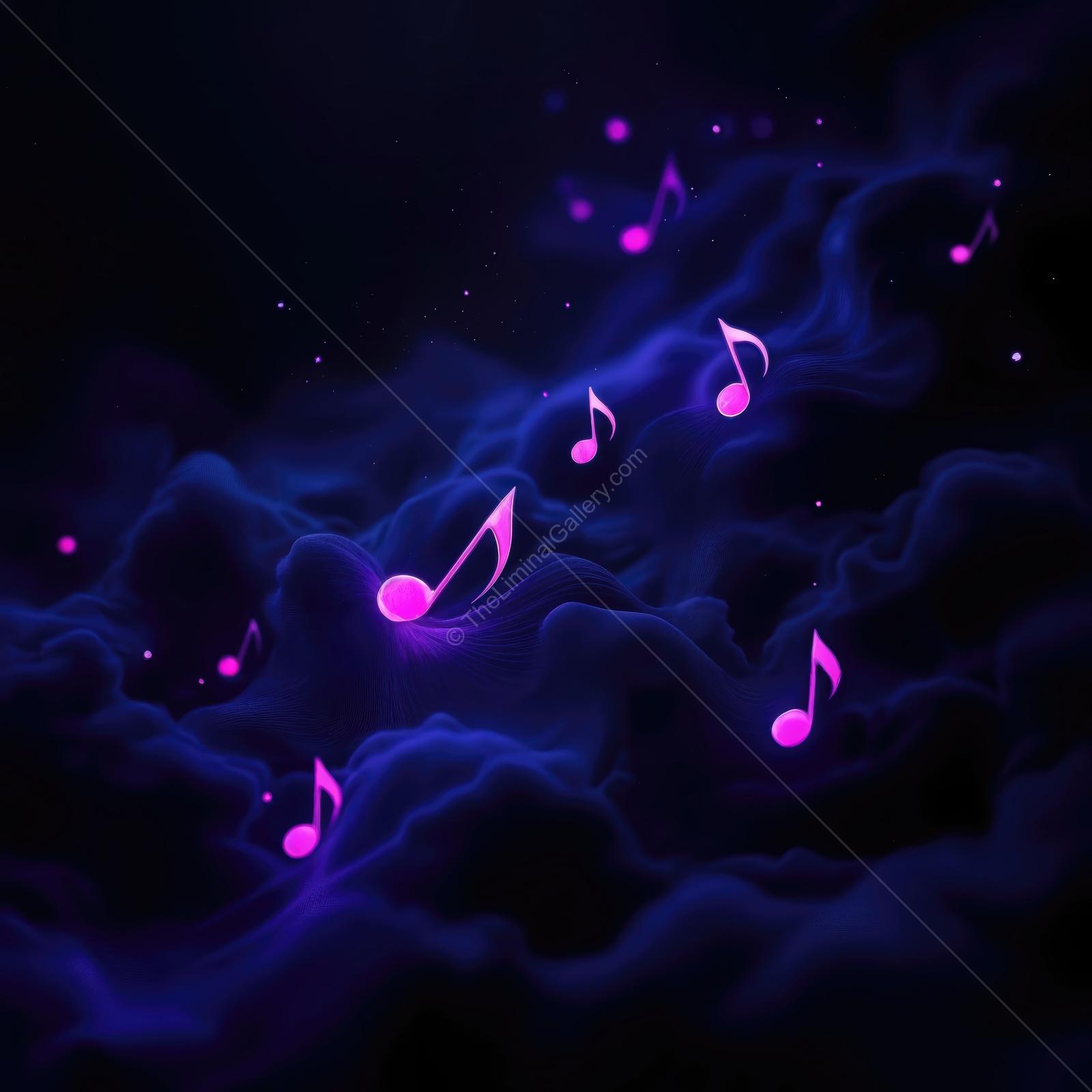 Colorful musical notes float through a dreamy cosmic landscape at night