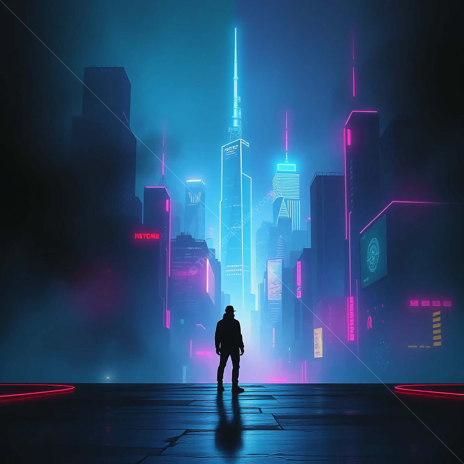 Mysterious figure stands against the glowing neon skyline of a futuristic city at night