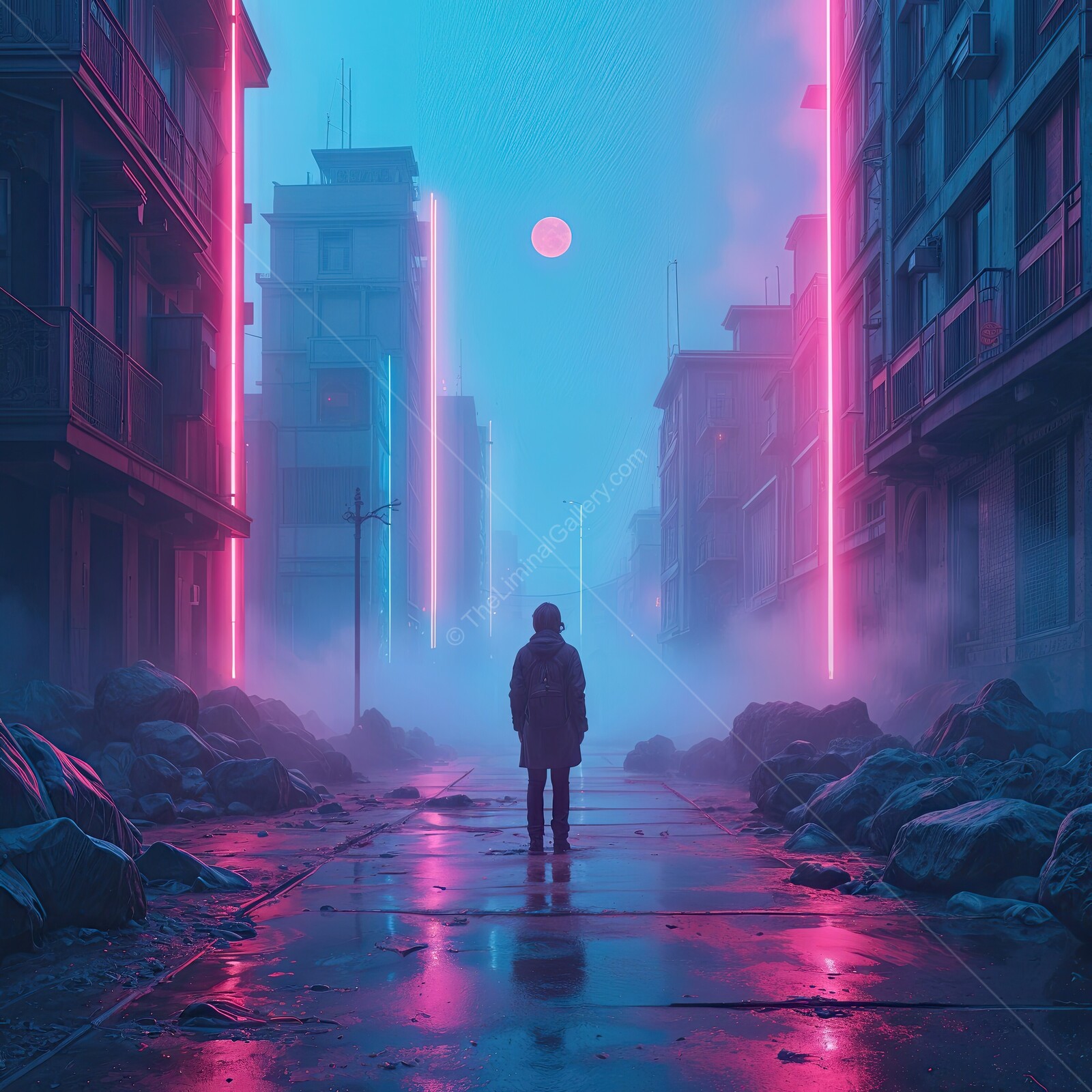 Mysterious figure stands in a synthwave neon-lit alley on a foggy night in a futuristic cityscape