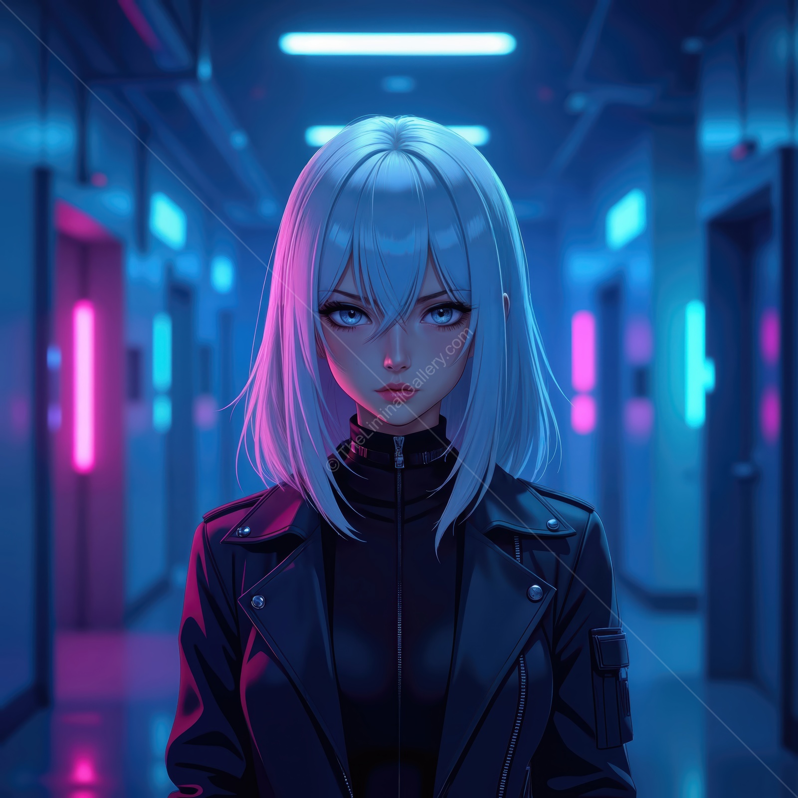 Mysterious figure in futuristic hallway with neon lights creates an intriguing atmosphere