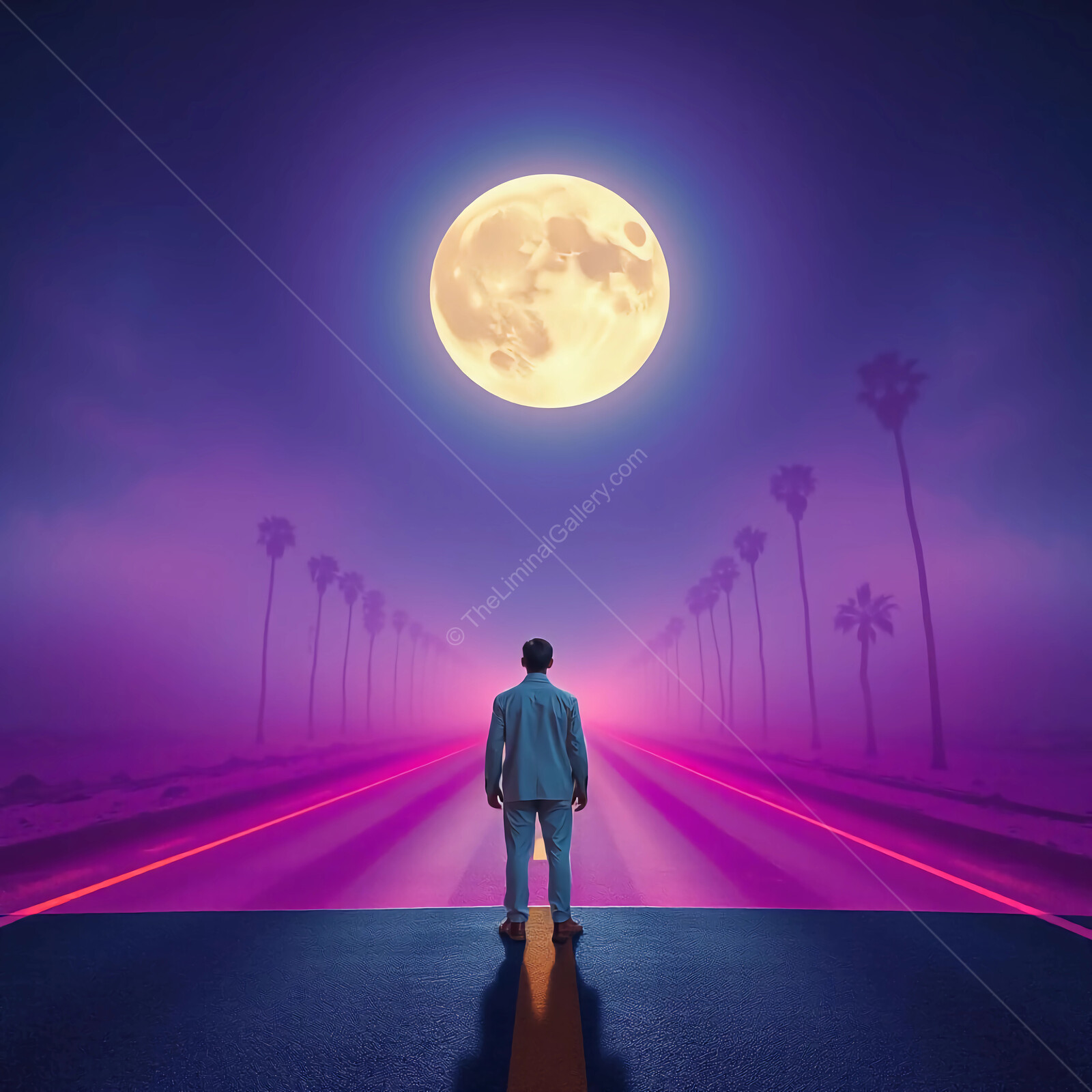 Mysterious journey under the full moon along a neon-tinged road in a foggy twilight