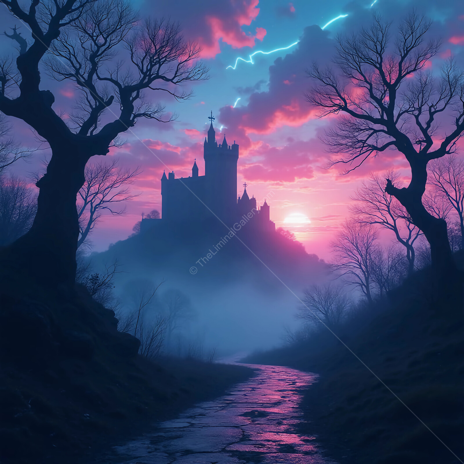 Mysterious twilight descends on an ancient castle surrounded by eerie trees