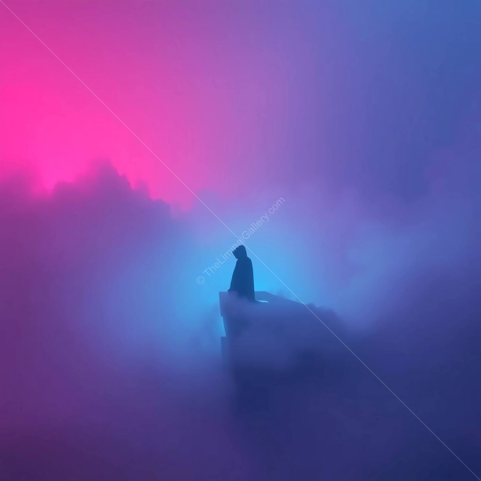 Mystical figure amidst vibrant fog at twilight in an ethereal synthwave landscape