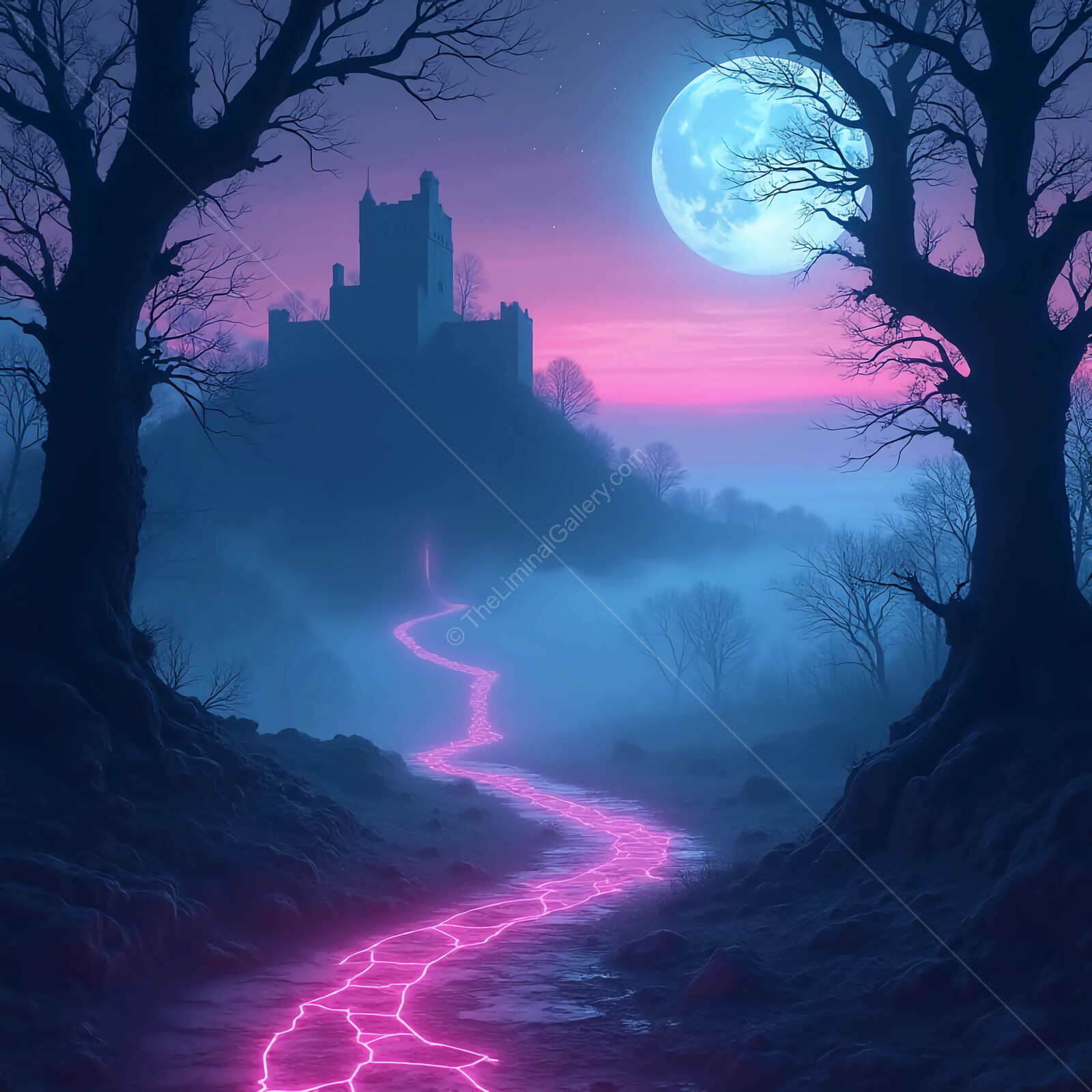 Mystical path leading to an ancient castle under a glowing full moon in a twilight sky