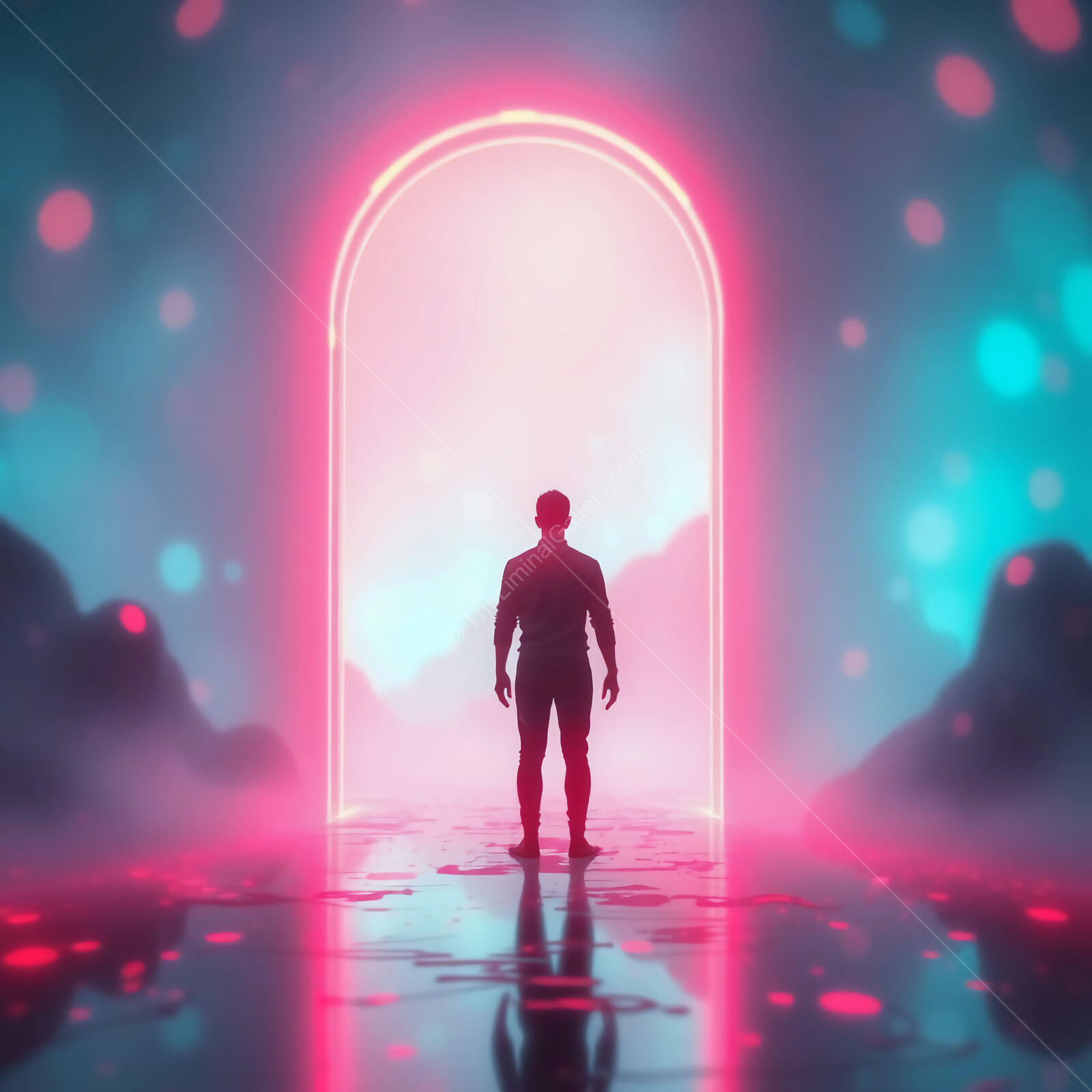 Exploring a mystical portal in a vibrant and surreal landscape at twilight