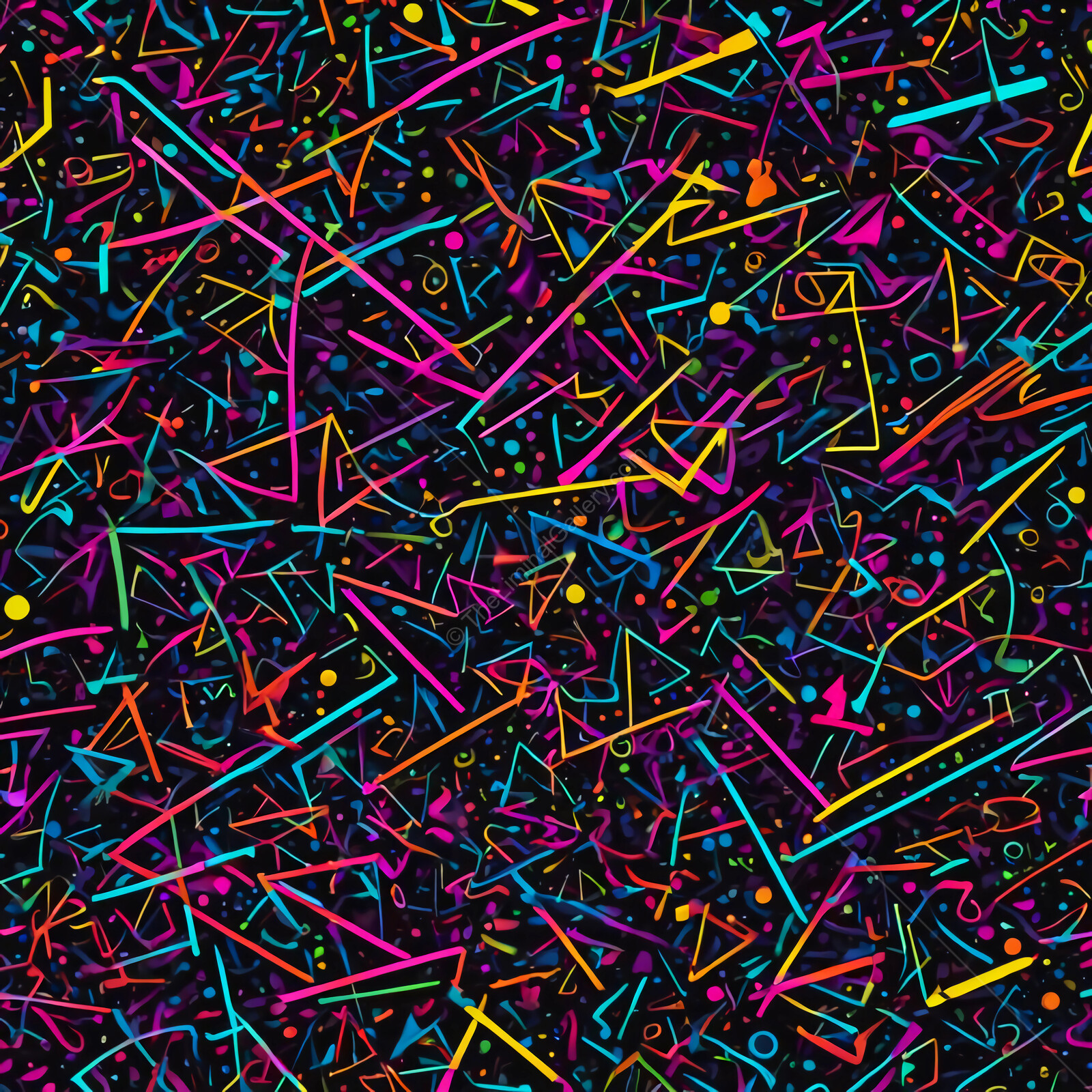 Vibrant 80s abstract lines and shapes dance across a dark canvas, creating a lively visual symphony of color