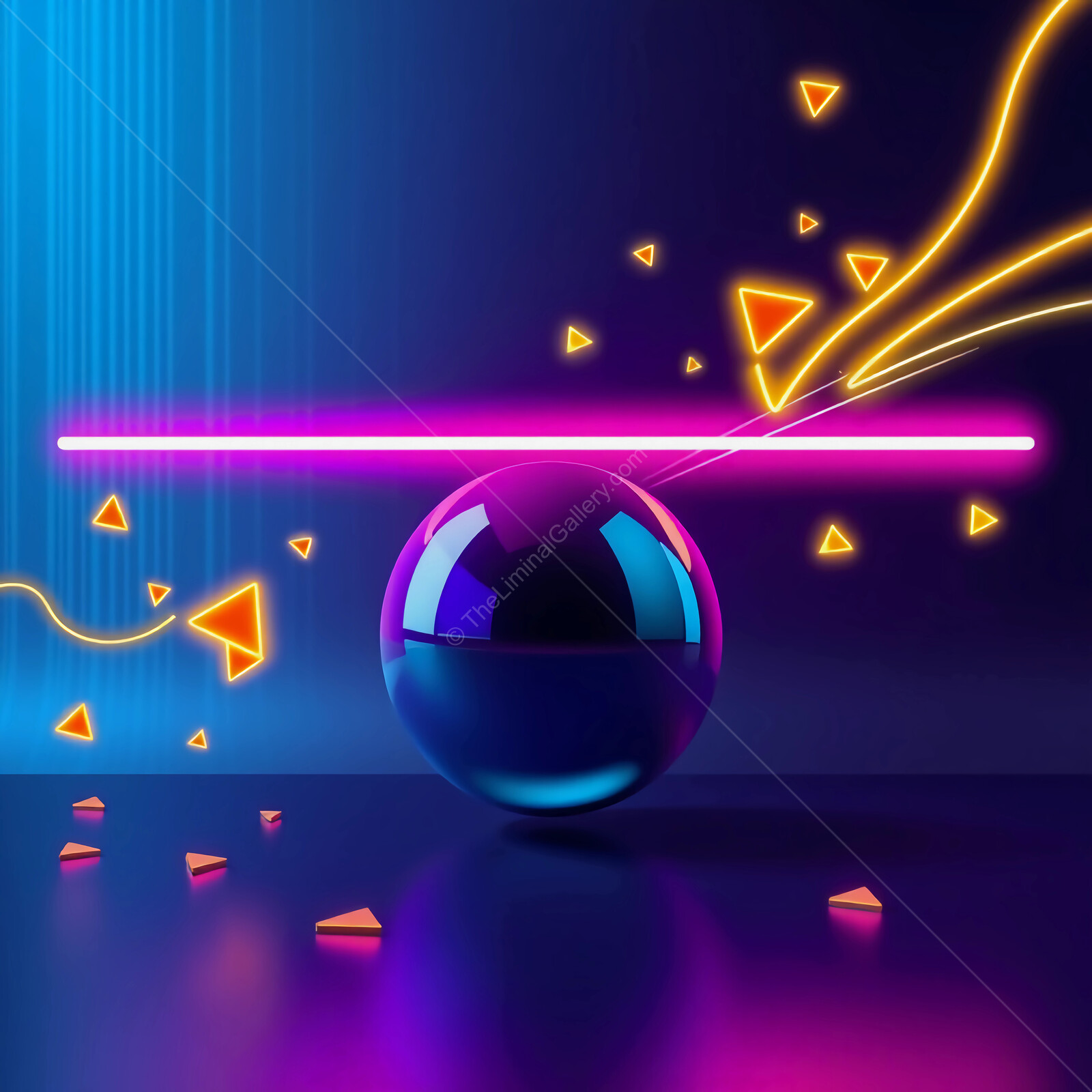 Vibrant 80s neon shapes dance around a reflective sphere against a technicolor backdrop in a digital wonderland