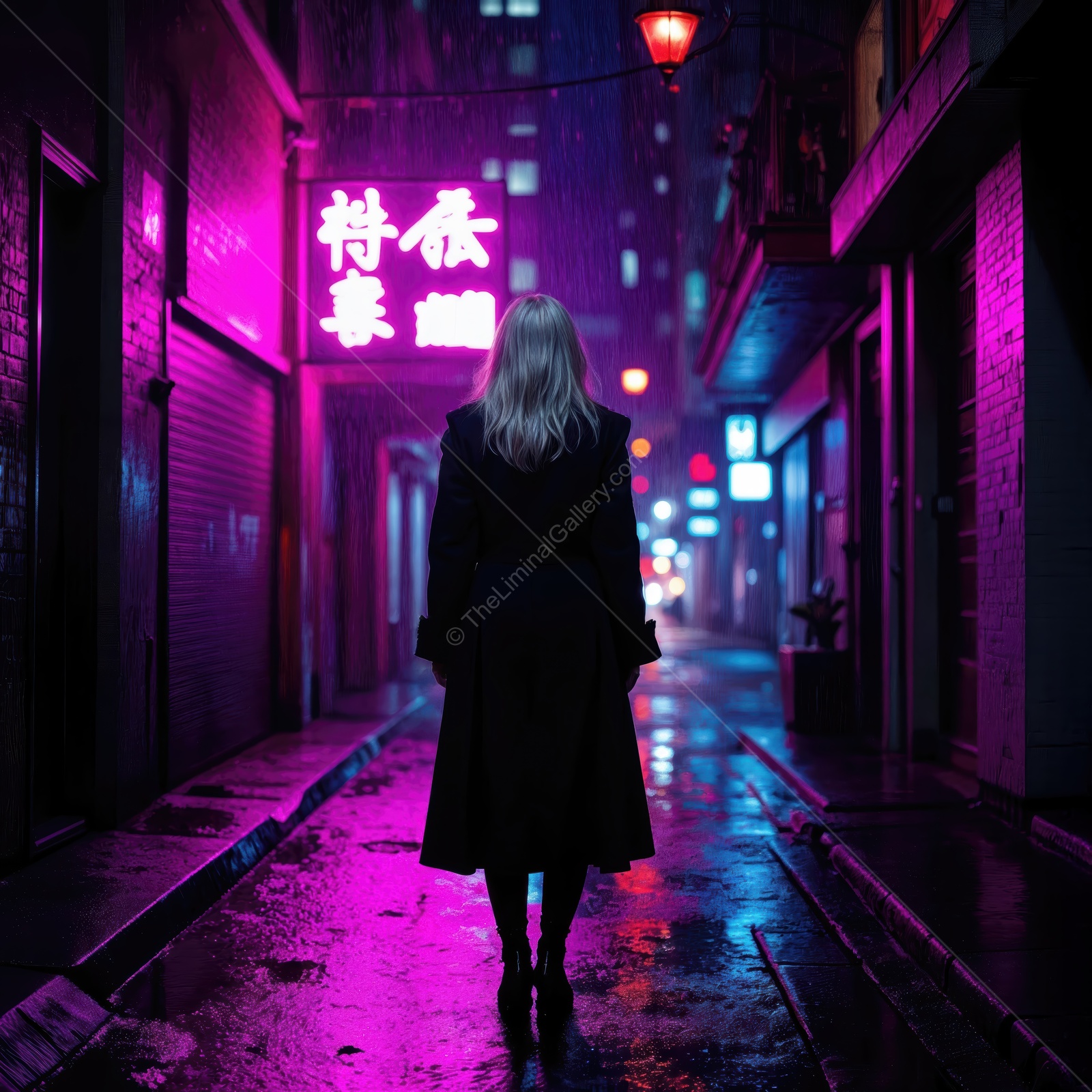 Nighttime wanderer in a neon-lit urban alley with vibrant reflections and mysterious ambiance