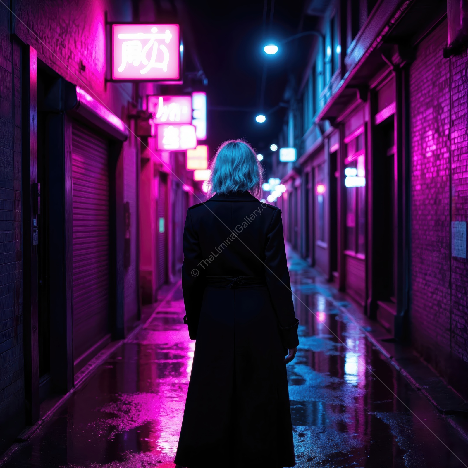 Woman in black coat walks through neon-lit alley on a rainy night in a vibrant city