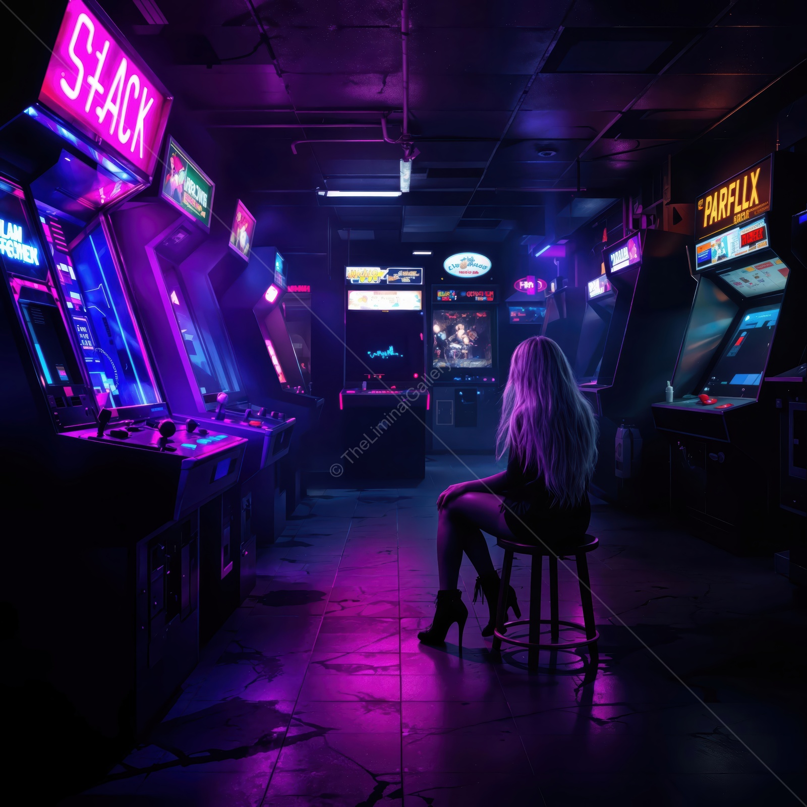 Neon lights glow in an arcade as a lone figure sits, lost in nostalgia and the thrill of classic gaming