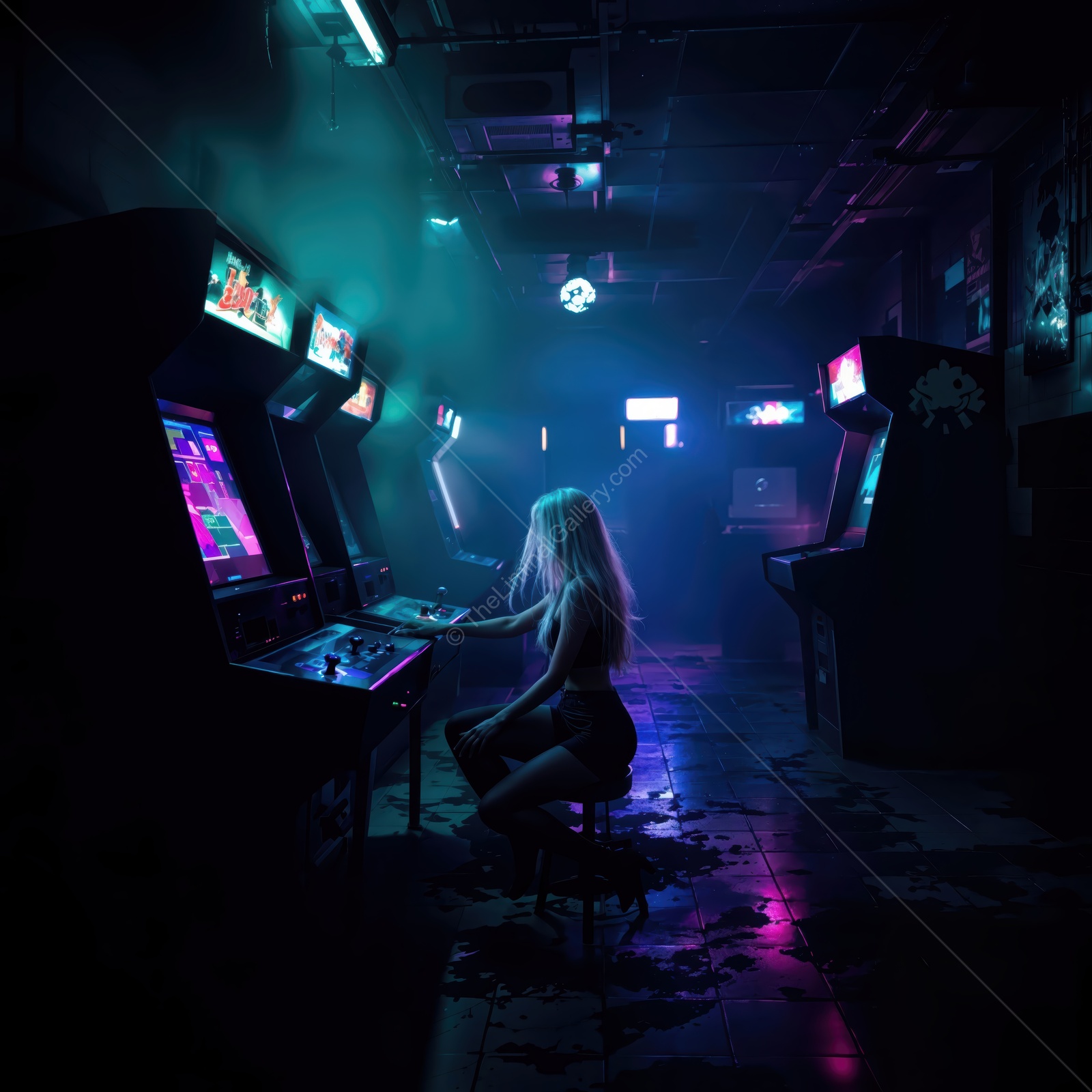 Neon-lit arcade filled with retro cabinets and a lone player immersed in a digital realm