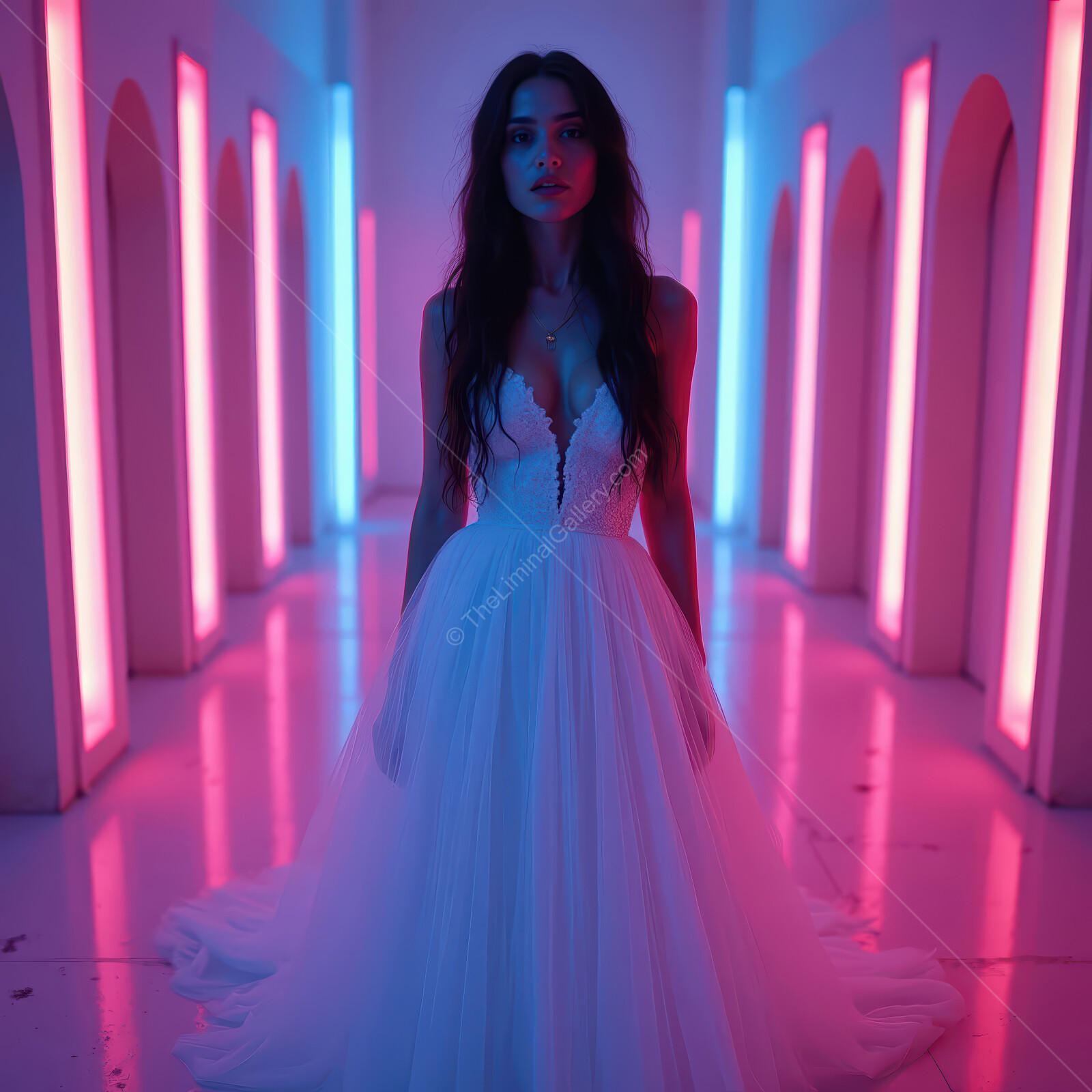Ethereal bridal elegance captured in a vibrant corridor with neon lights at twilight