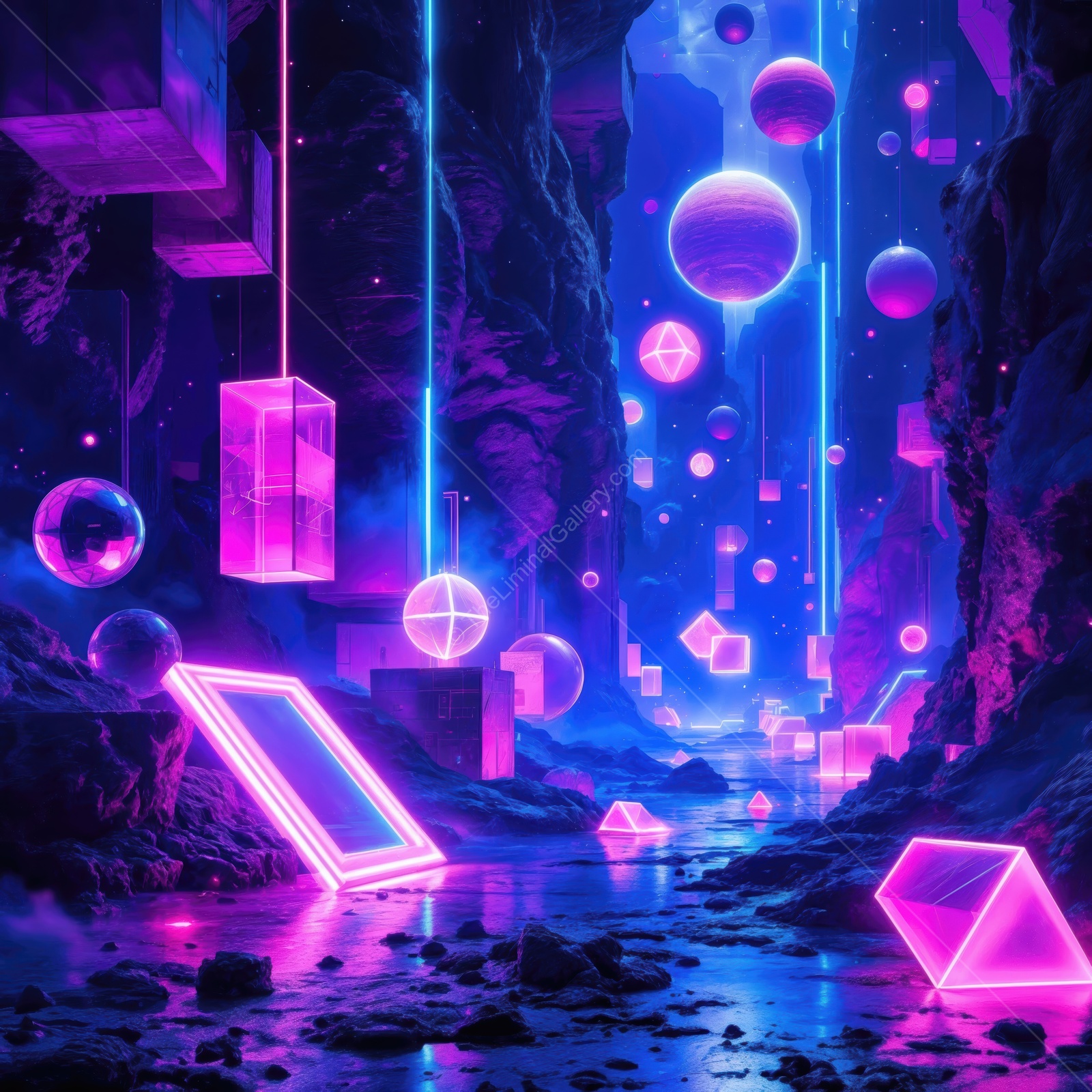 Mysterious canyon illuminated by neon shapes and vibrant colors at twilight