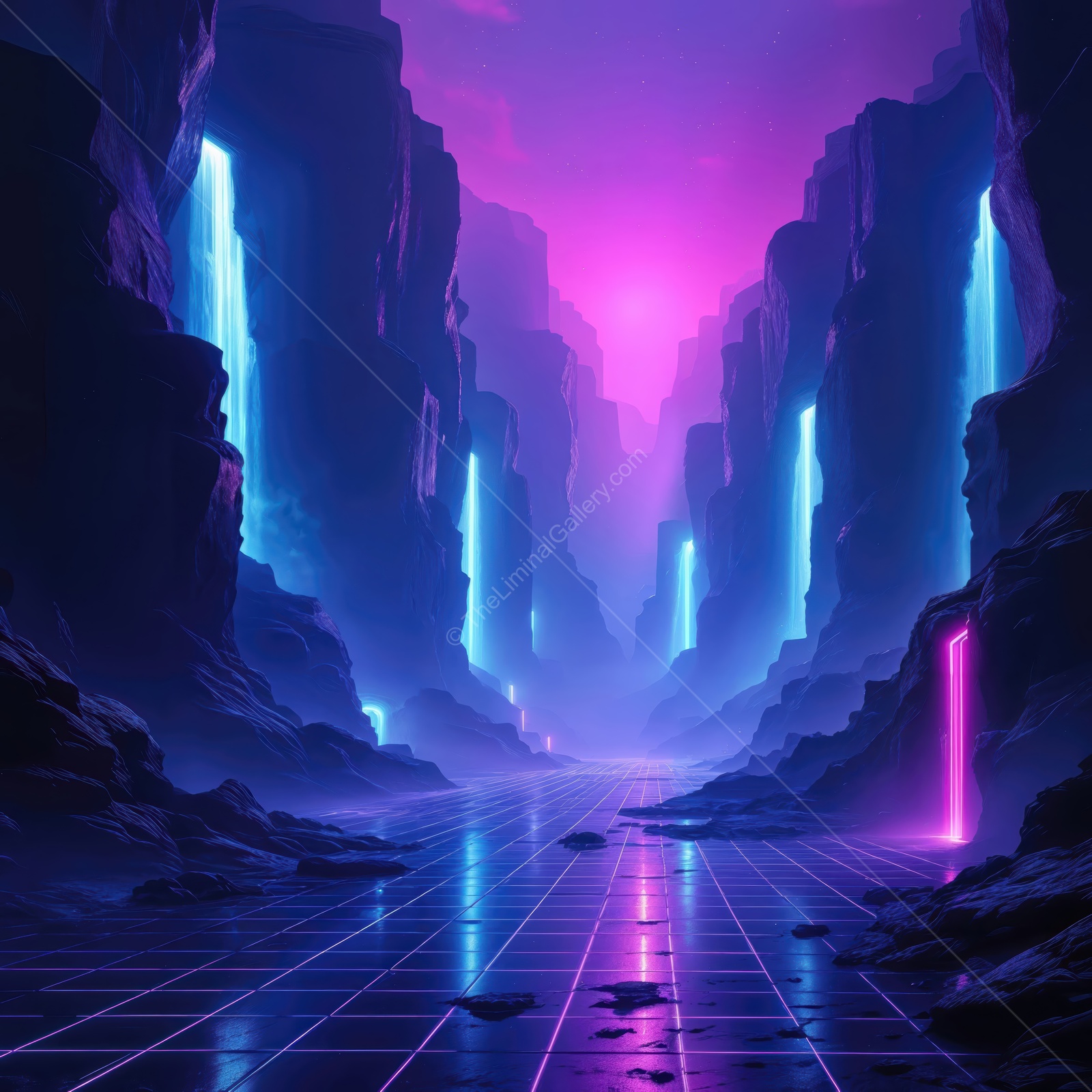 Mysterious canyon with glowing waterfalls and neon lights in a surreal landscape