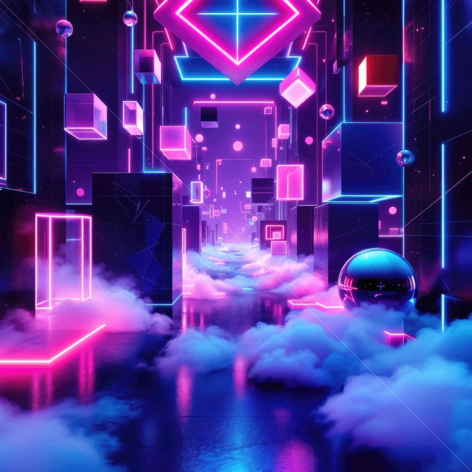 Vibrant neon cityscape filled with digital shapes and ethereal clouds creating a surreal atmosphere at night