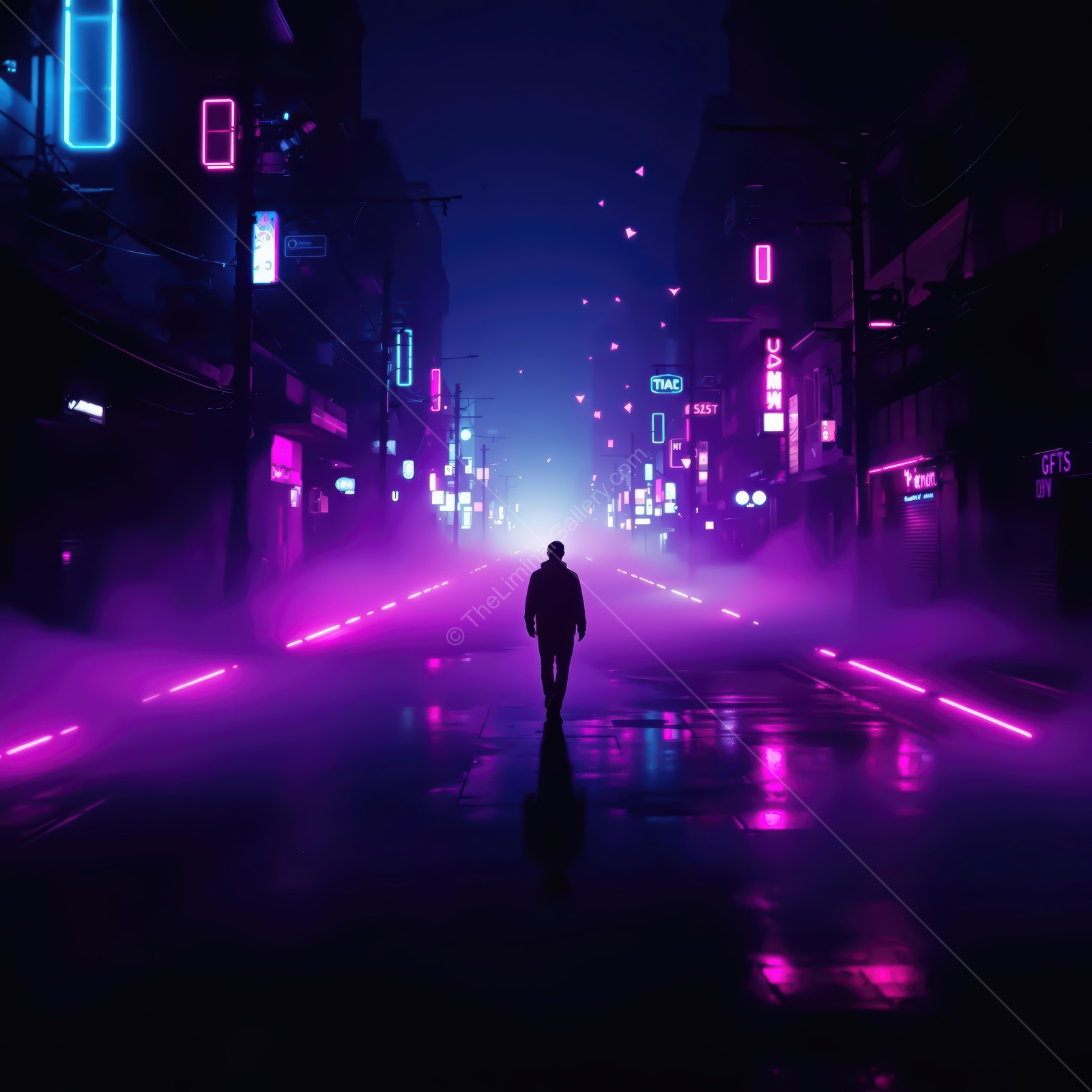 Neon-lit streets evoke a sense of mystery as a lone figure walks through the fog at night in a futuristic city landscape
