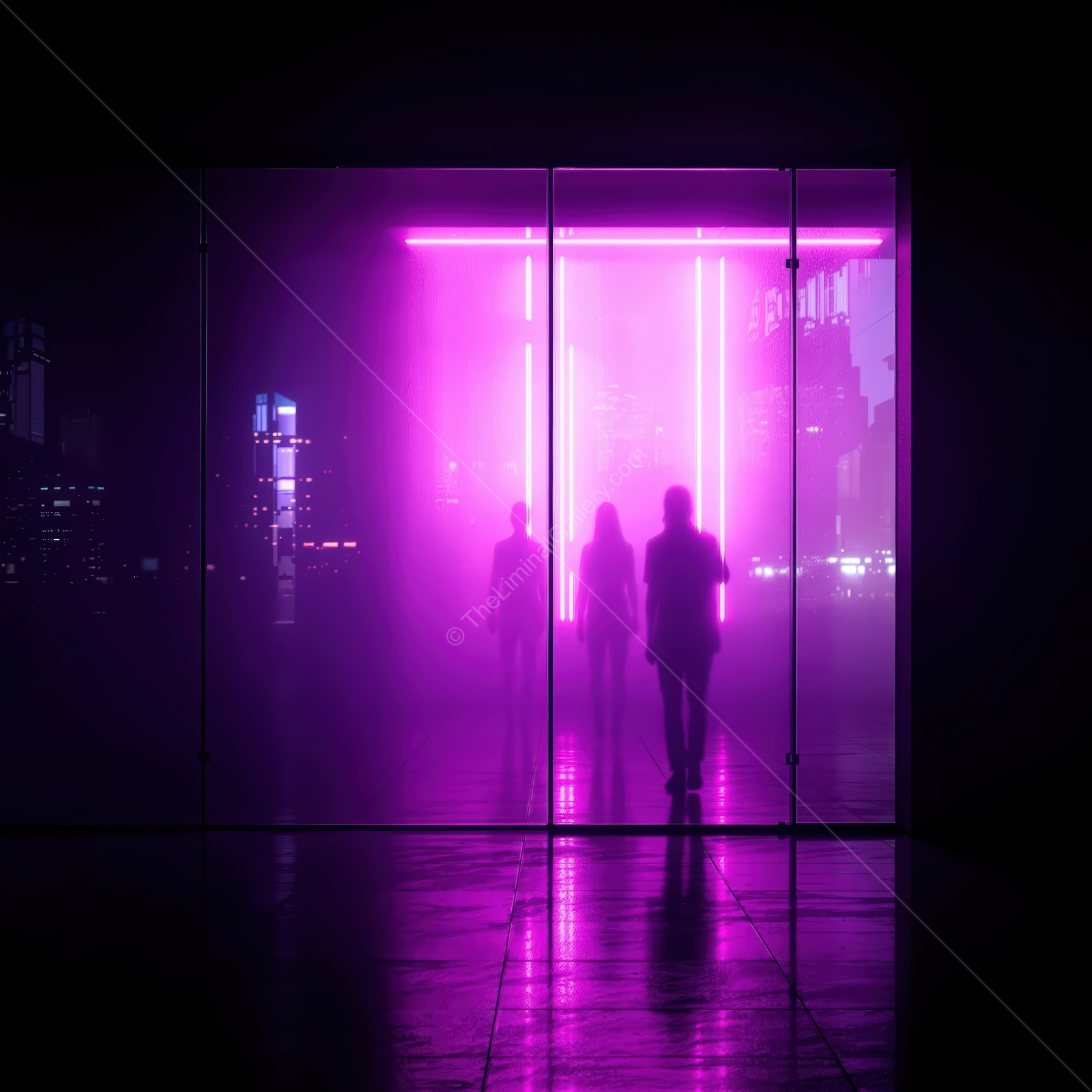Bright neon lights illuminate the city streets as silhouettes move through a glass passageway during an evening urban exploration