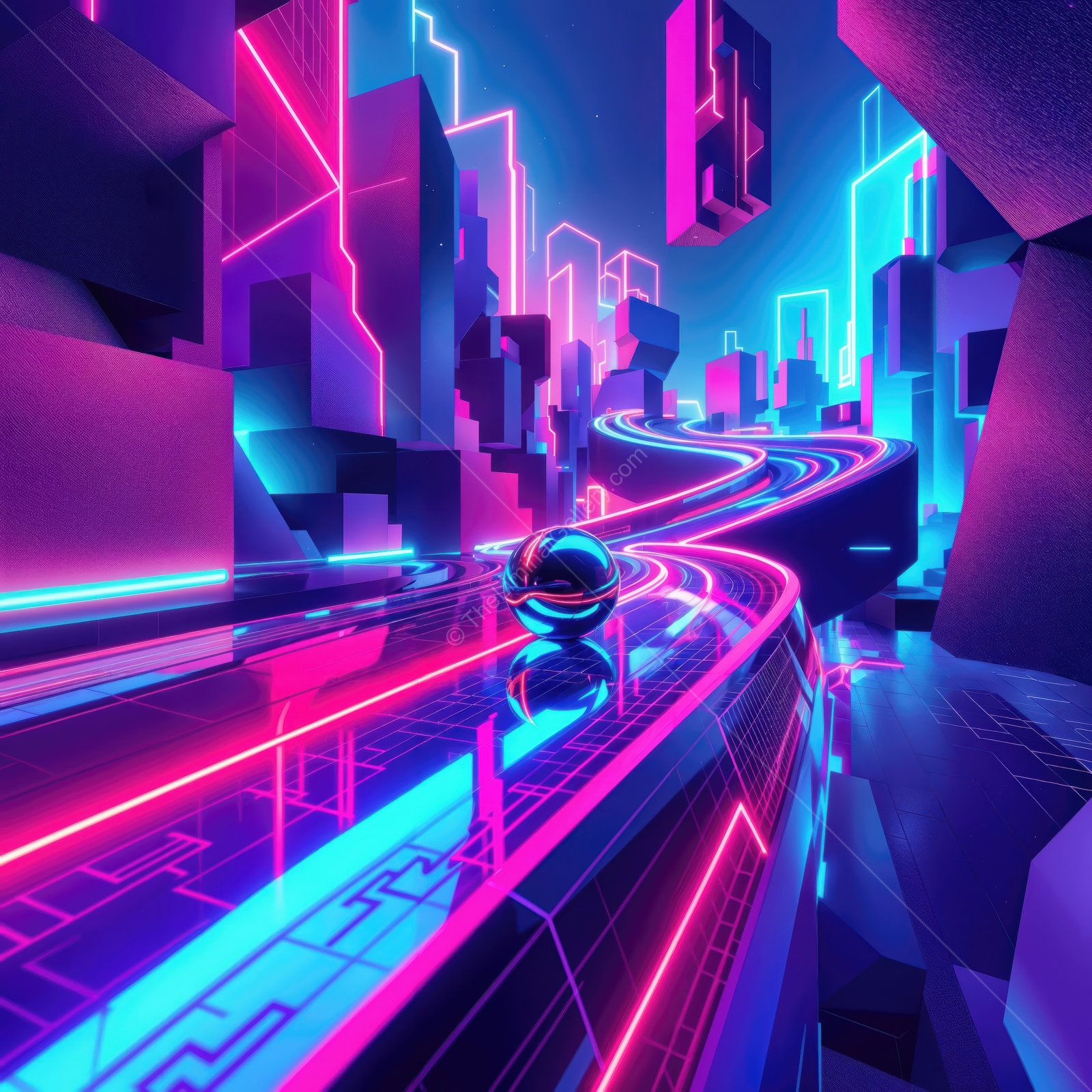 Vibrant futuristic cityscape with glowing neon lights reflecting on a sleek surface at night