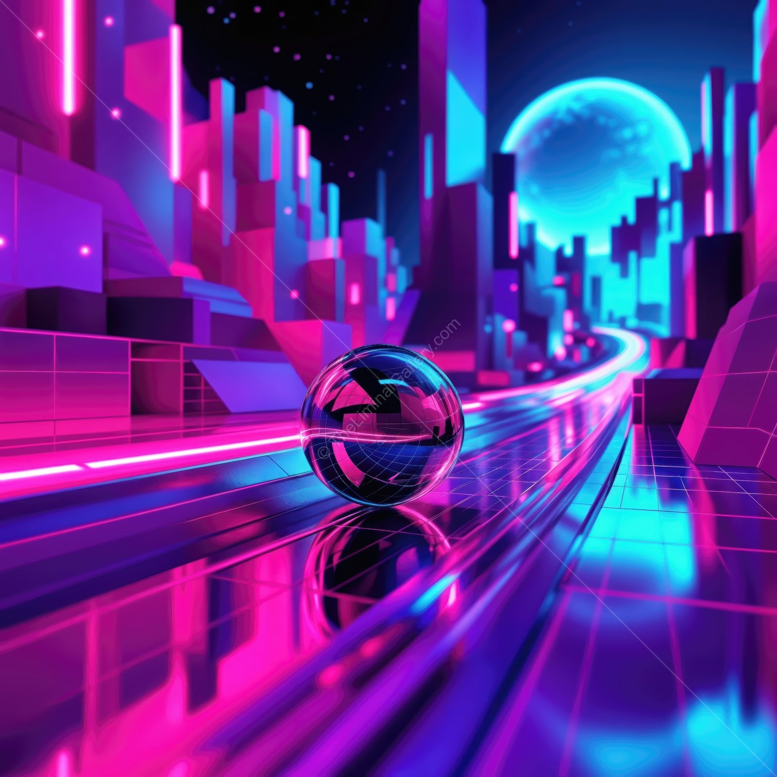 Neon cityscape with reflections on a futuristic road under a glowing moon
