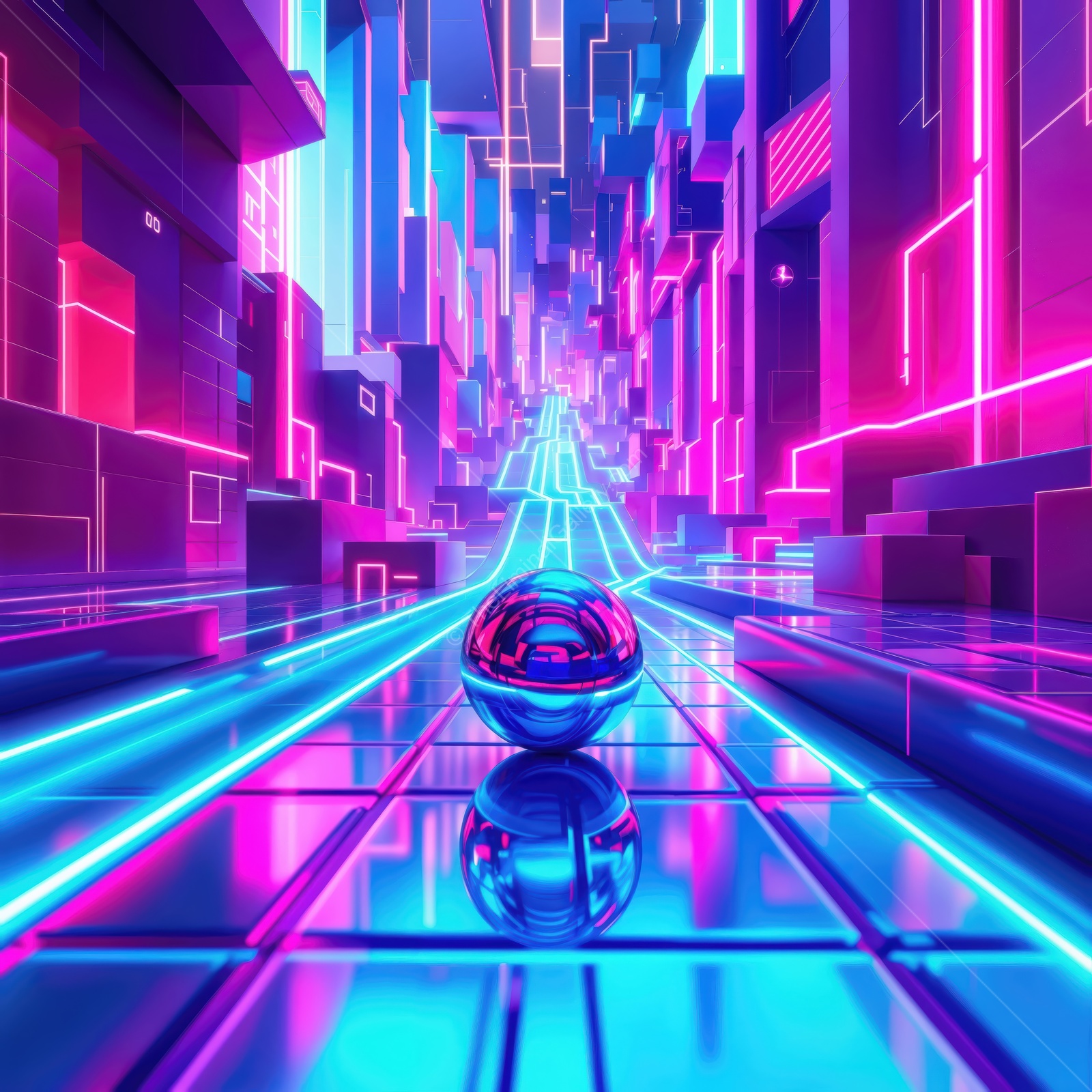 Vibrant futuristic cityscape with neon colors and reflective surface under a glowing sky